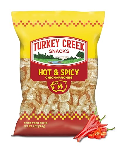 Turkey Creek Chicharrones picantes y picantes, chicharrones de cerdo fritos  Pieles de cerdo con sabor picante  Bajo en carbohidratos, sin gluten,