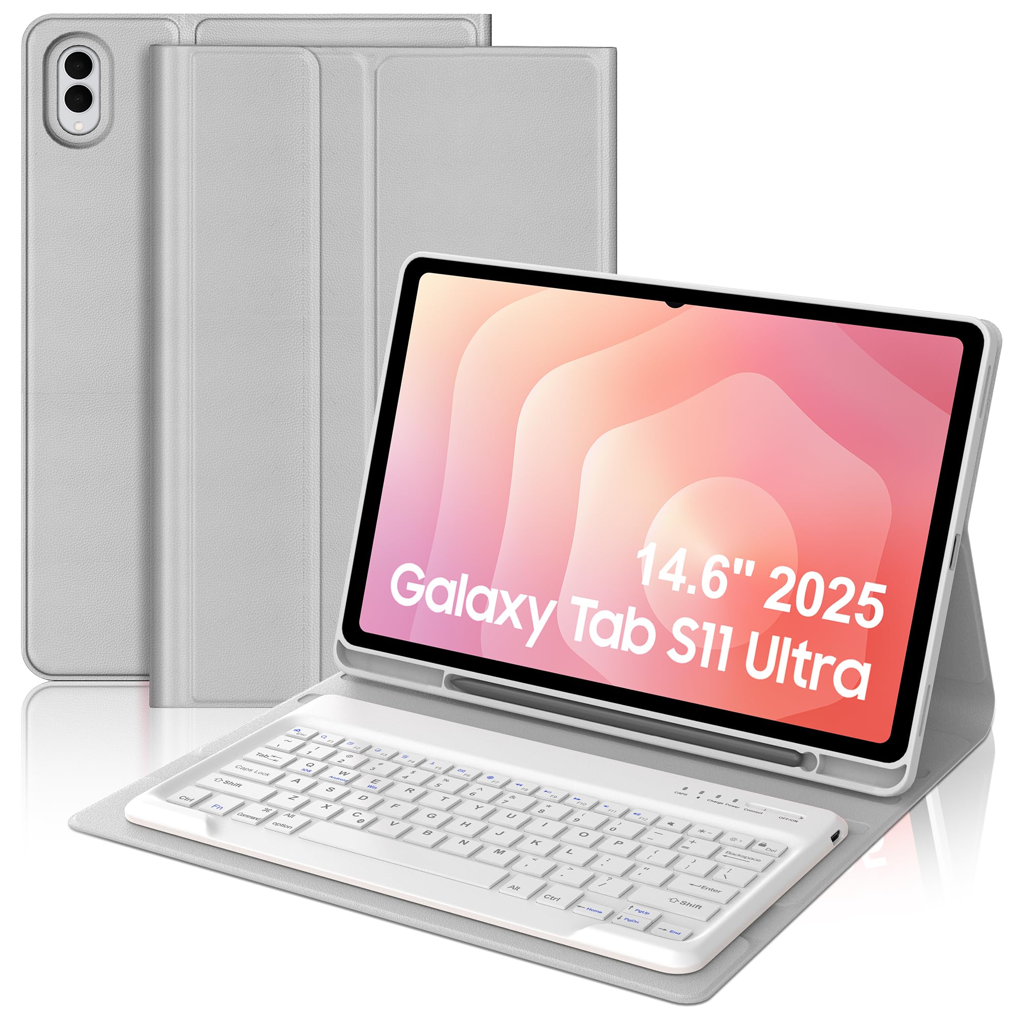Keyboard Case for Samsung Galaxy Tab S11 Ultra 14.6 Inch 2025, Galaxy Tablet S11 Ultra Case Keypad with S Pen Holder, Smart Folio Cover for Samsung Tab 14.6'' SM-X930/X936B with Keyboard, Grey-image-19