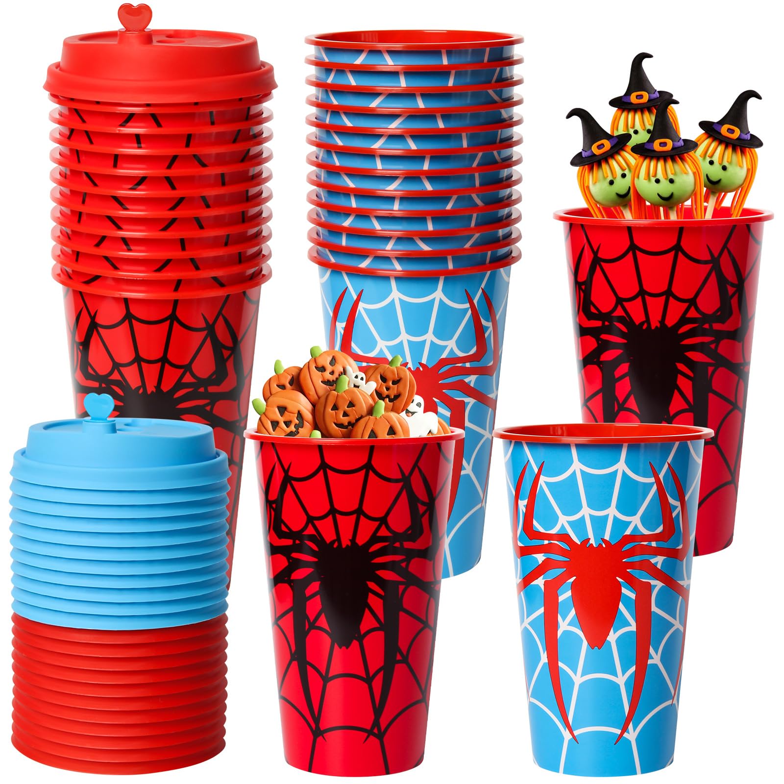 24 Pack Halloween Spider Web Party Favors Goodie Cups, 16OZ Reusable Red Blue Plastic Halloween Cups for Kids Party Supplies Decorations with Lids Stoppers