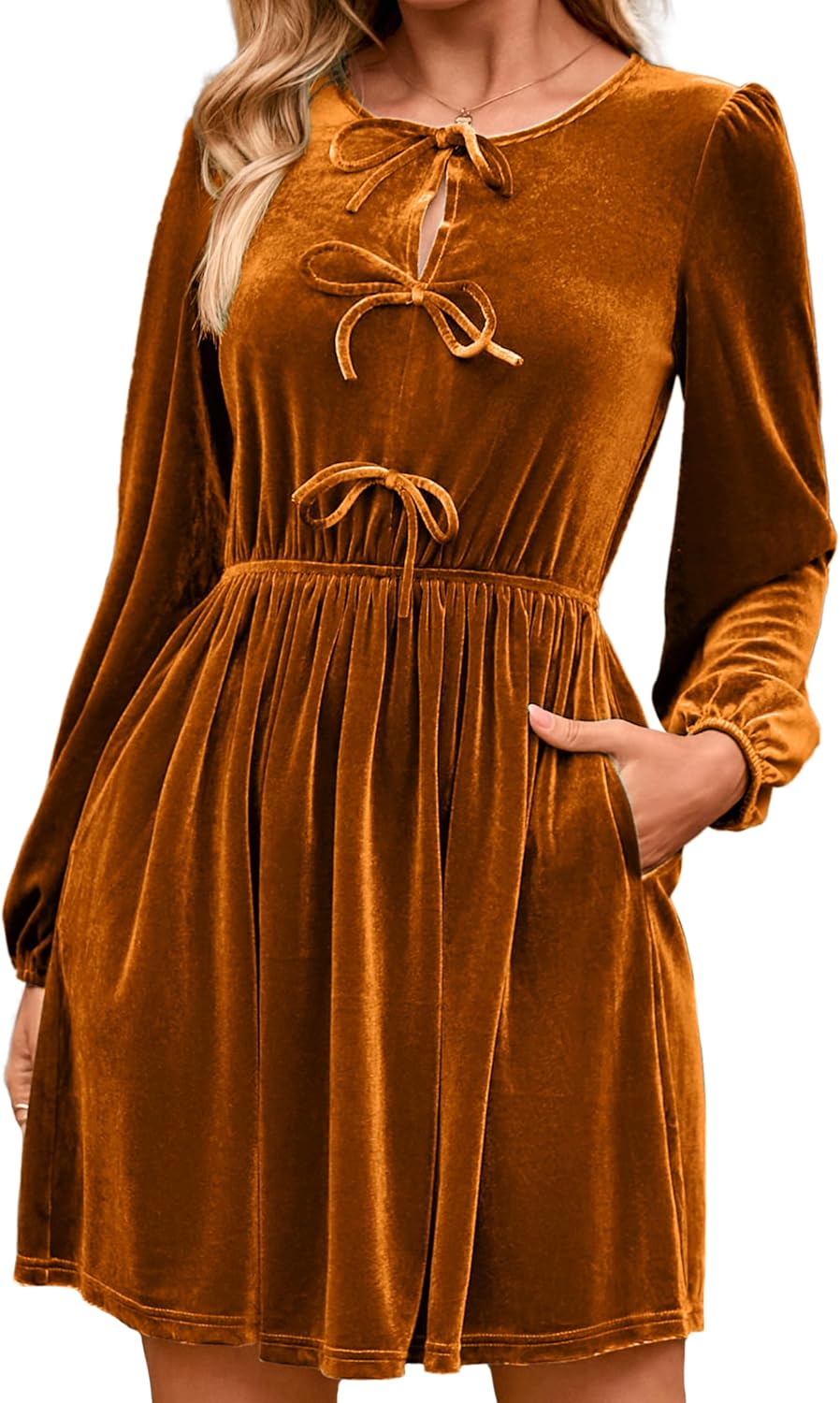 Simplee Womens Fall Velvet Dress Long Sleeve Bow Tie Front Babydoll A Line Cocktail Party Christmas Holiday Dresses