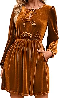 Womens Fall Velvet Dress Long Sleeve Bow Tie Front Babydoll A Line Cocktail Party Christmas Holiday Dresses