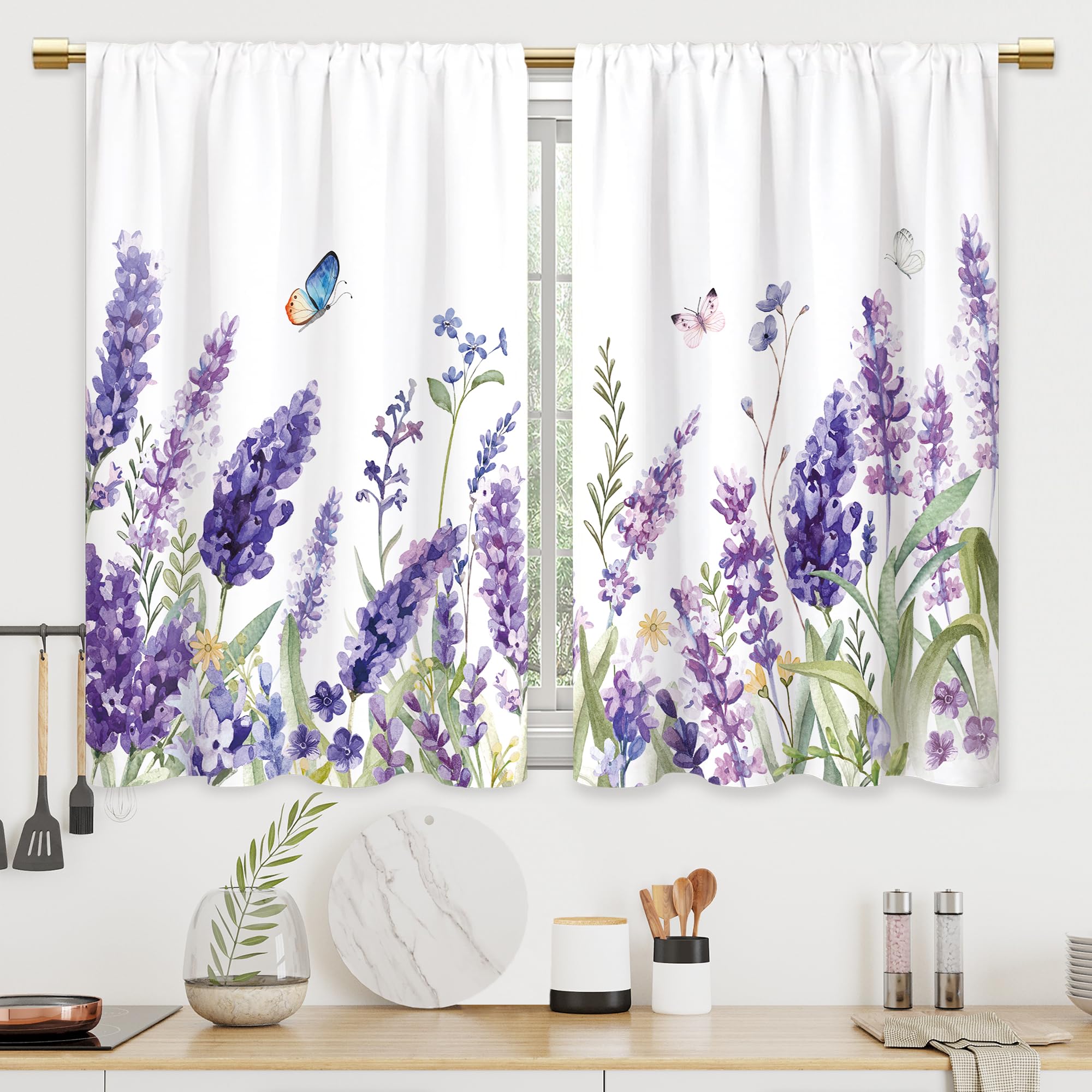 Purple Lavender Flower Kitchen Curtains Floral Butterfly Bathroom Curtains Window Treatment Drapes Tier Rustic Plant Cafe Small Bedroom Short French Door Curtains 2 Panels 27.5x39 Inch