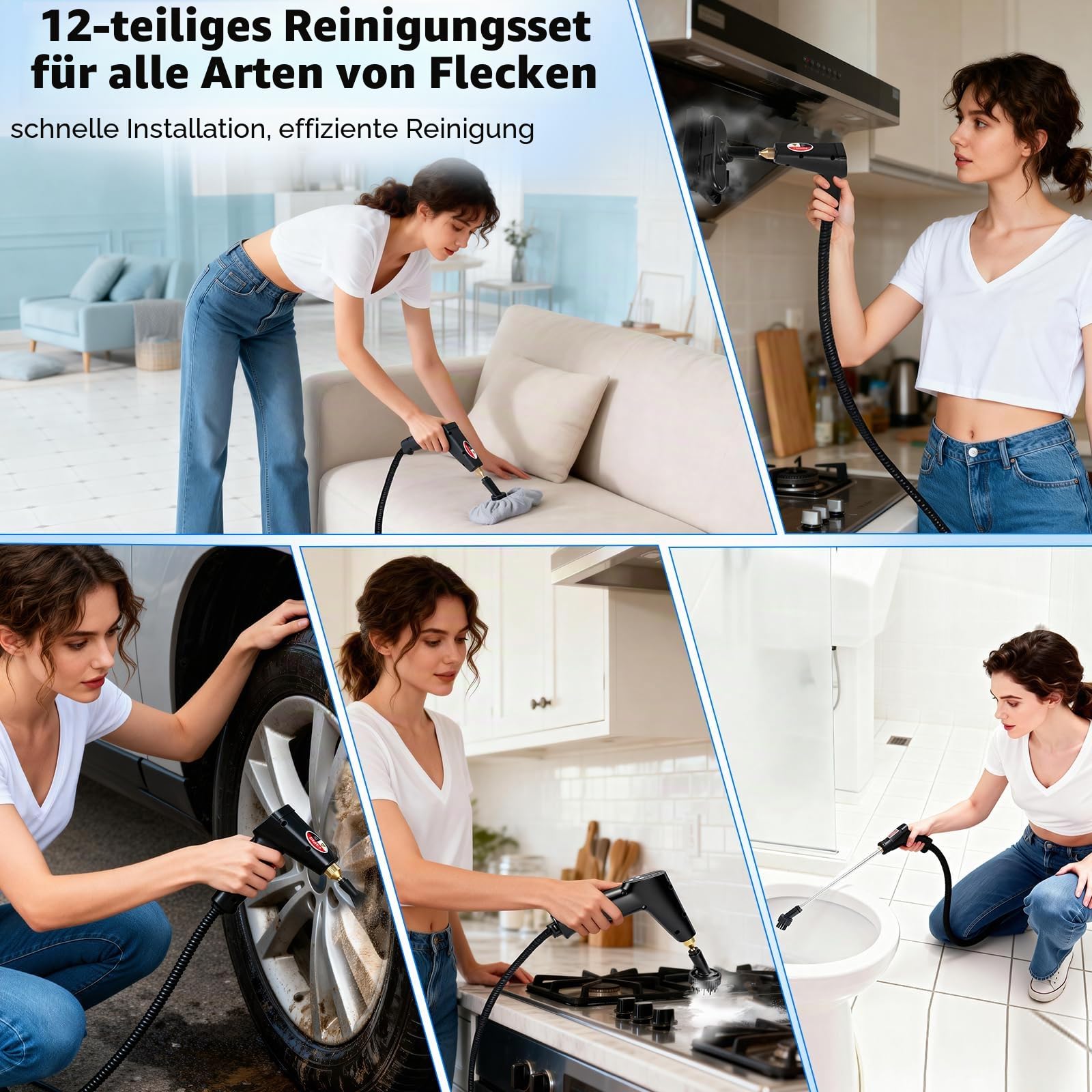 RUIZHI 6-Stufig Dampfreiniger Handgerät mit 12 Zubehör, Steam Cleaner Handheld 1700ML Tank, 1500W Mehrzweck, Dampfdruck 3.5Bar, Aufheizzeit 15s, Dampfreiniger für Alles Boden Auto Fenster Polstermöbel