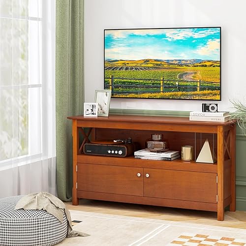 Miniatura 2 de Tangkula Soporte de TV de madera para televisores de hasta 50 pulgadas, gabinete de almacenamiento en forma de X, centro de entretenimiento con 2