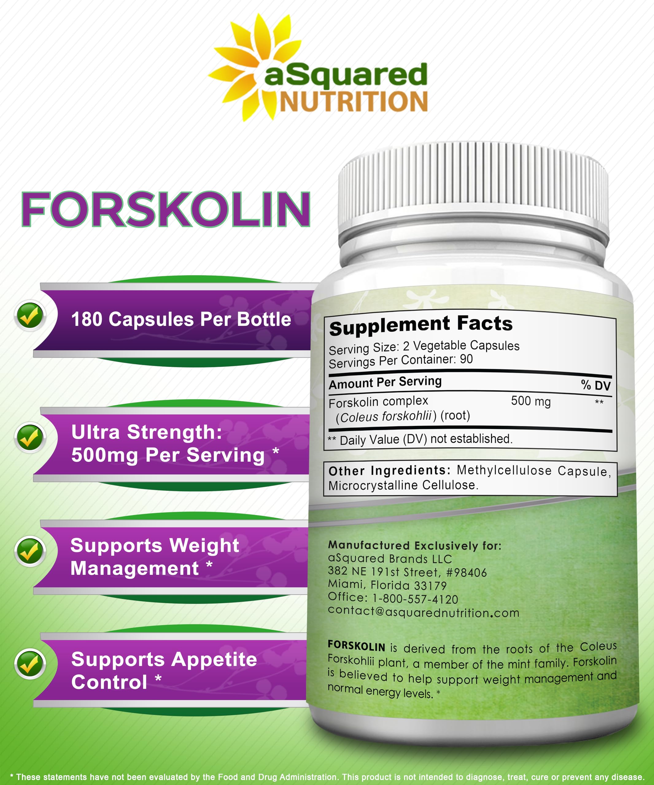 aSquared Nutrition Forskolin 500mg Per Serving Max Strength-180 Capsules, Supplement for Pure Weight Loss Fuel, Coleus Forskohlii Root - Forskolin Diet Pills, Belly Buster Fat Burner 2X Slim Trim Lose — Amazon image 2