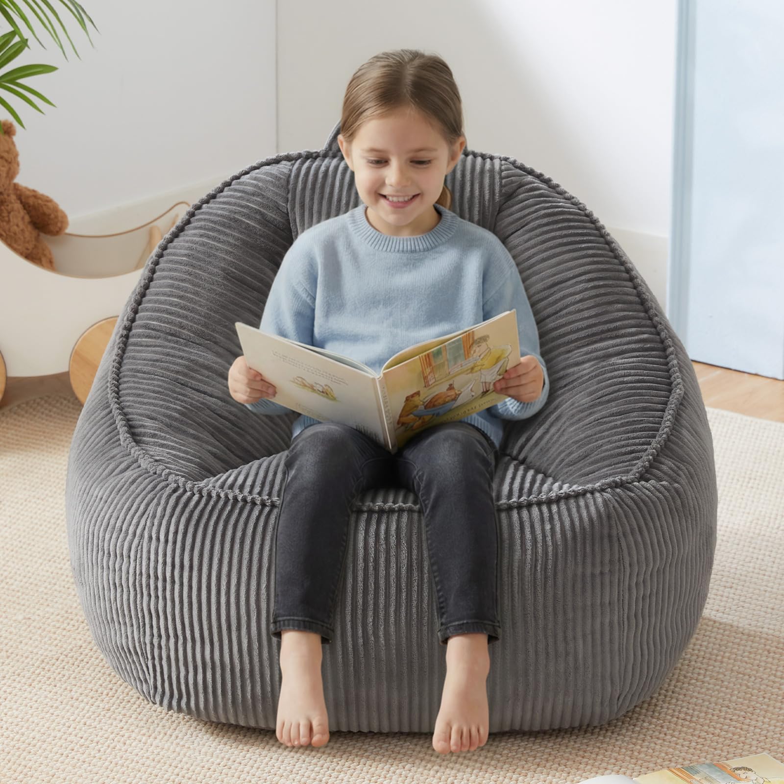 HUGHEAVEN Bean Bag Chair for Kids, Comfy Reading Chair & Stuffed Toddler Floor Sofa, Soft Beanbag Chairs for Boys and Girls, Lazy Floor Seat for