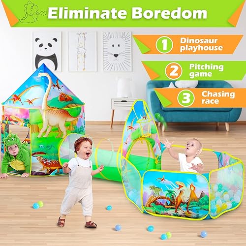 Miniatura 7 de GeerWest Tienda de campaña de dinosaurio de 3 piezas para niñas con pozo de pelotas para niños, tiendas de campaña para niños y túnel de gateo para