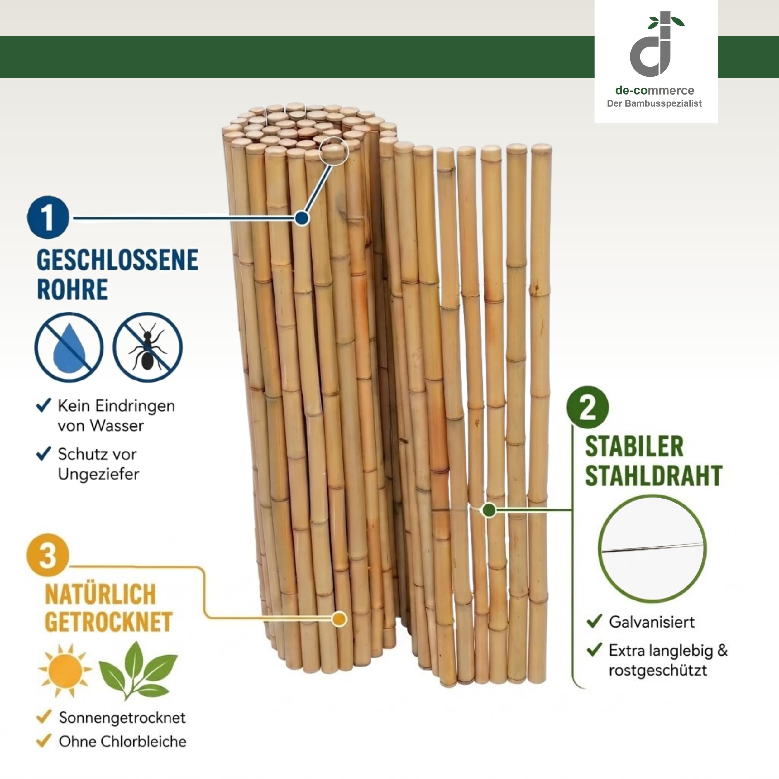 DE-COmmerce heller Bambus Zaun Sichtschutz ATY Nature, oben geschlossen, Rollzaun, Gartenzaun, Sichtschutzzaun für Garten, Terrasse, Balkon (HxB) 200 cm x 180 cm