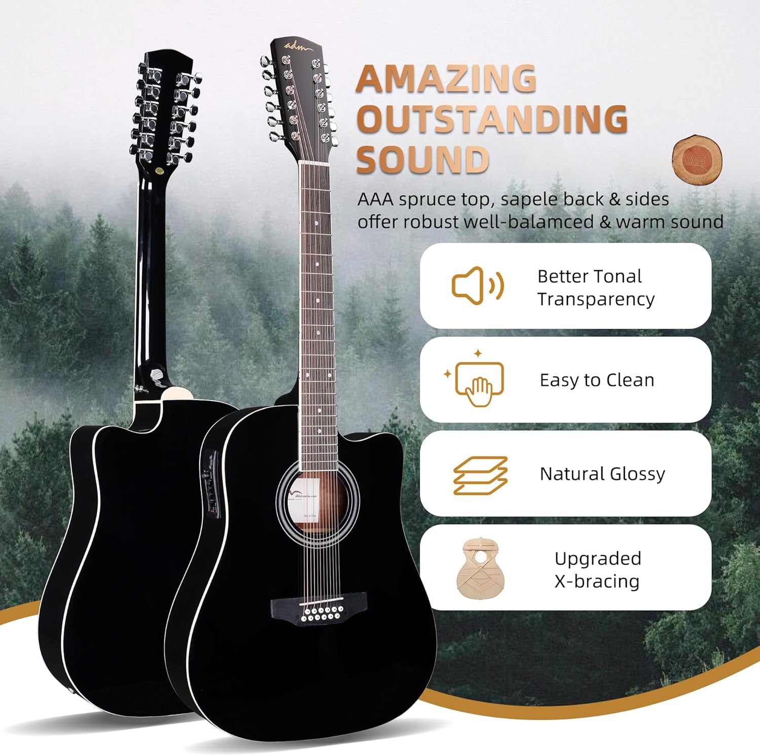 adm advanced 12 string acoustic electric guitar, full size 42" twelve string guitar bundle 4-band eq electroacoustic set for beginner intermediate adults teens, bag, picks, capo, cabel, strap, black 42 inch black