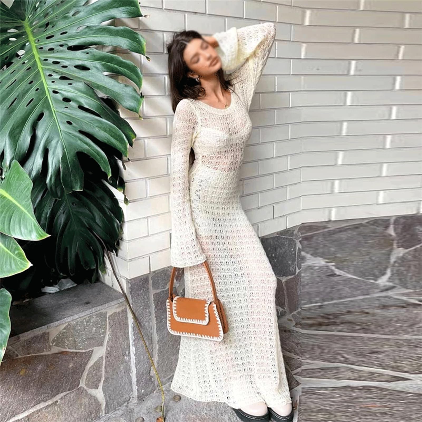 empire maxi dress with sleeves Brick Red Long Sleeves Lace Empire Maxi Dress for Women