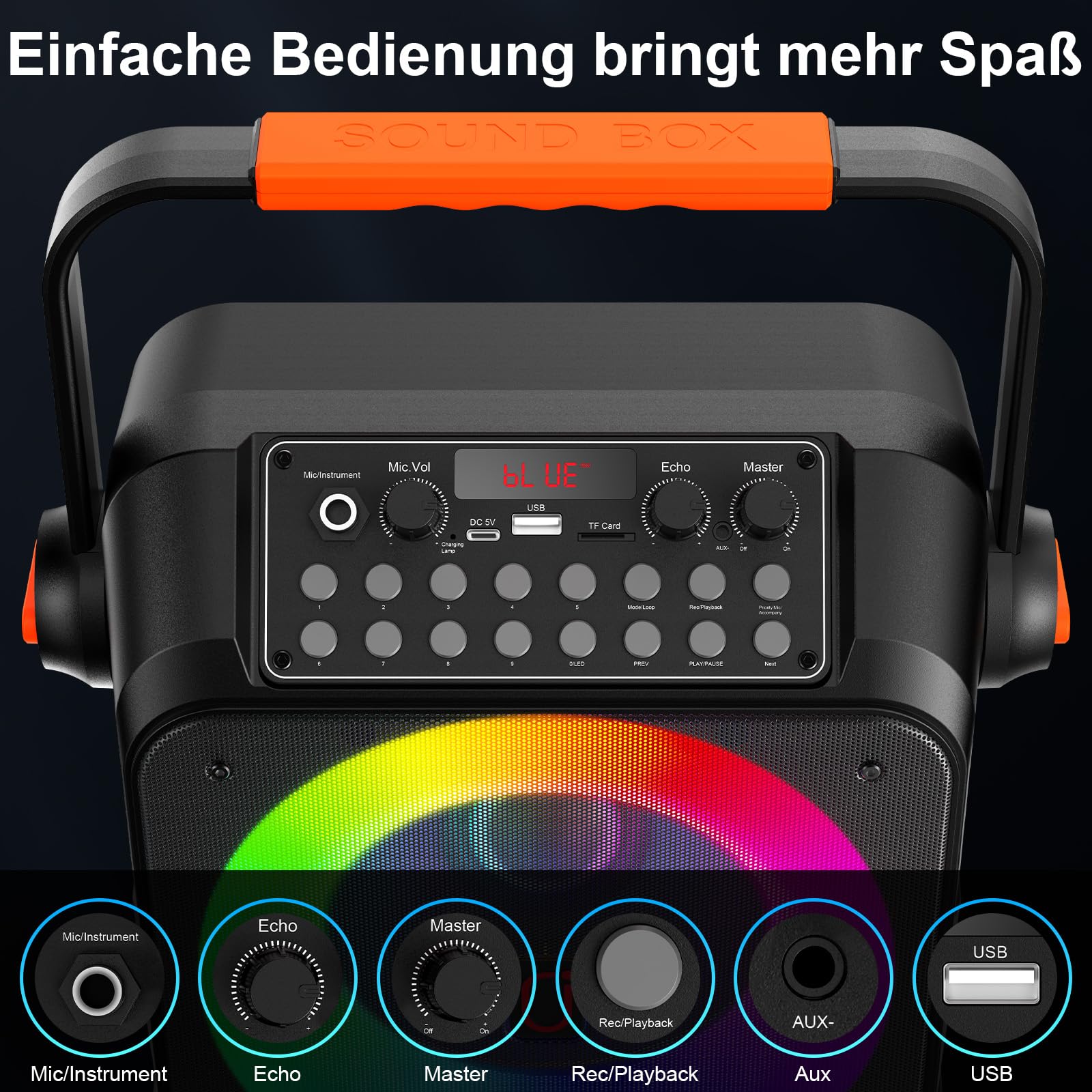 HWWR Karaoke Maschine mit 2 drahtlosen Mikrofones, Tragbaren Karaoke Anlage Lautsprecher mit RGB-Licht für Hausparty, PA-System für ErwachsenePartybox Unterstützt,TWS