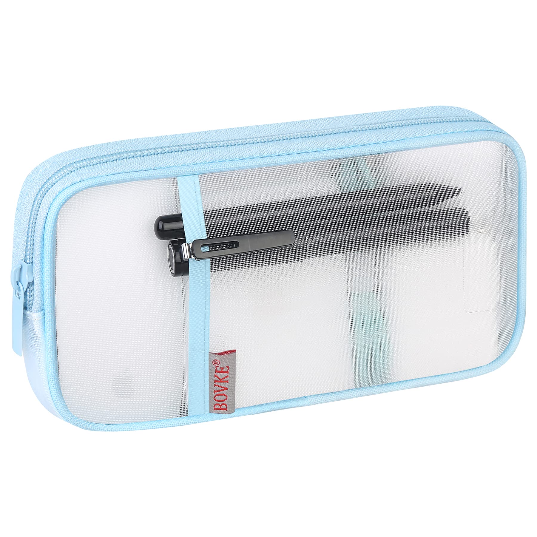 BOVKEGrid Mesh Pencil Case Pen Bag Clear Case Pen Marker Pouch School Stationery Organizer Teen Girls Boys Transparent Art Supplies Case Travel Office College Gift for Adults, Kids, Students, Blue