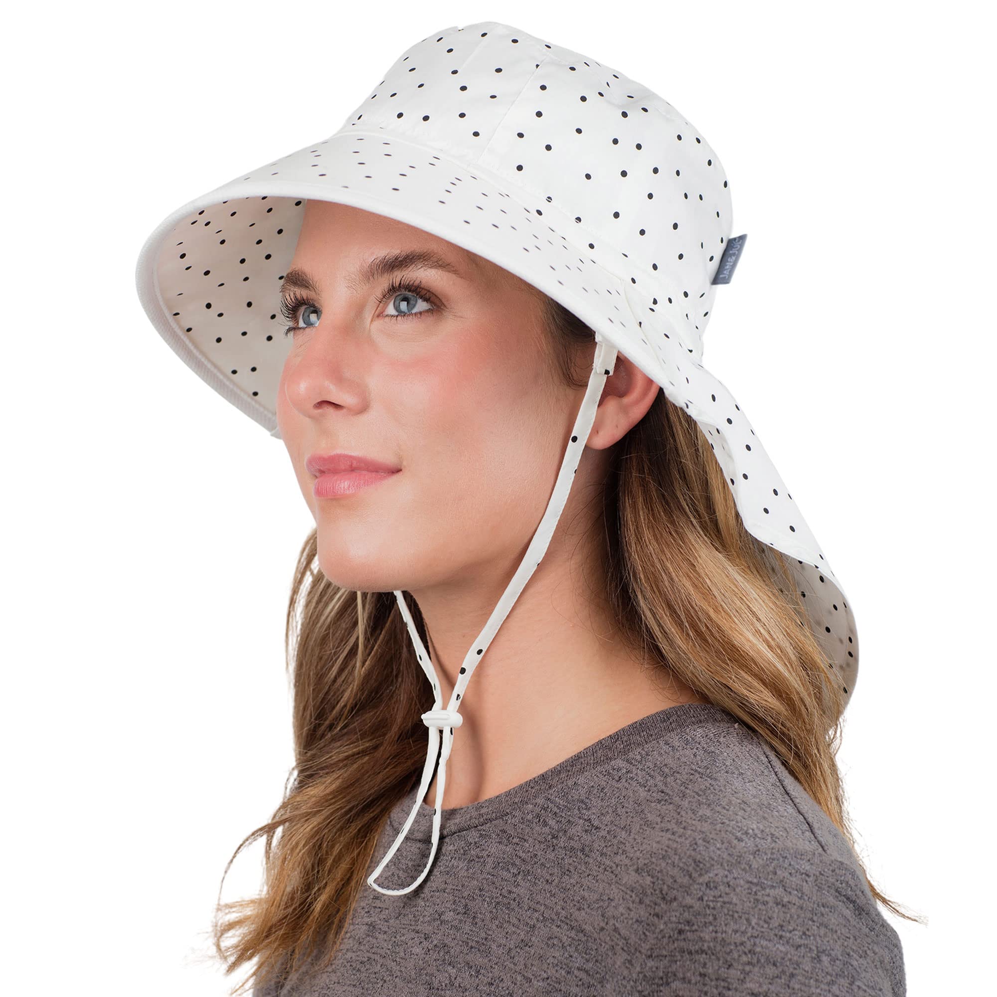 JAN & JUL Ladies Sun-hat with Neck-Flap Wide Brim Chin-Strap (Cotton Adventure: Dots, M)