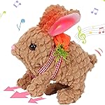 Hopearl Hopping Rabbit with LED Ears Carrot Backpack Interactive Plush Bunny Toy with Sounds Animated Walking Wiggle Light up Ears Twitch Nose Gift for Toddlers, Brown, 7\'\'