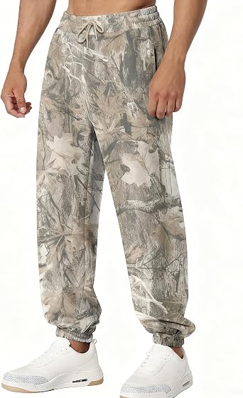Eutten Mens Camo Sweatpants Baggy Maple Leaf Print Tapered Joggers Fleece Drawstring Waist Workout Lounge Pants with Pockets