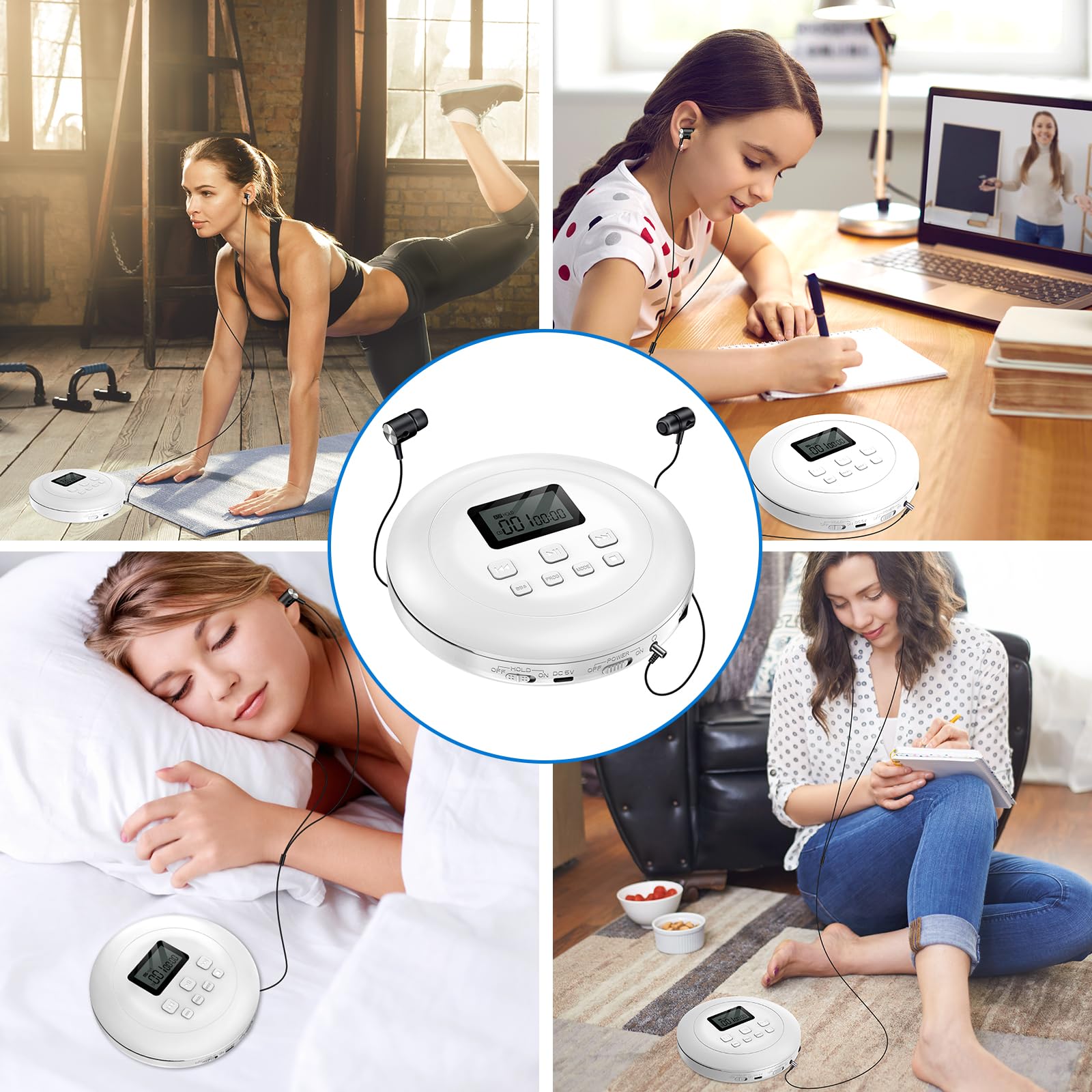 Gueray Przenośny odtwarzacz CD, osobisty odtwarzacz CD ze słuchawkami, wyświetlacz LCD, ochrona HiFi, klasyczny odtwarzacz muzyki CD, do samochodu, domu, biały