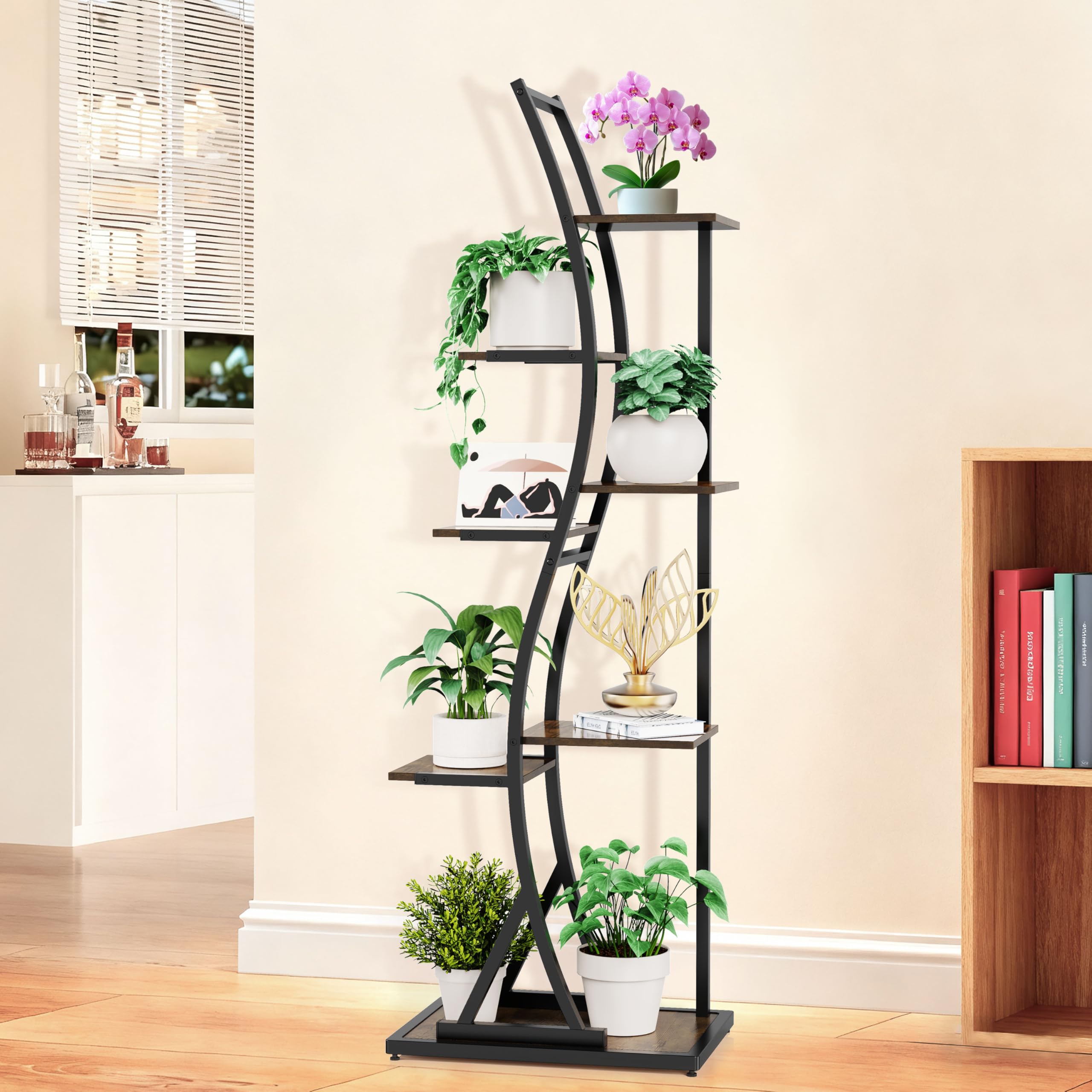 Ribelli 7-stufiger Metall-Pflanzenständer 160cm, Wellenförmiges Pflanzenregal mit Kippschutz, Hoch Blumenständer Pflanzentreppe Blumentopfständer für Balkon Wohnzimmer
