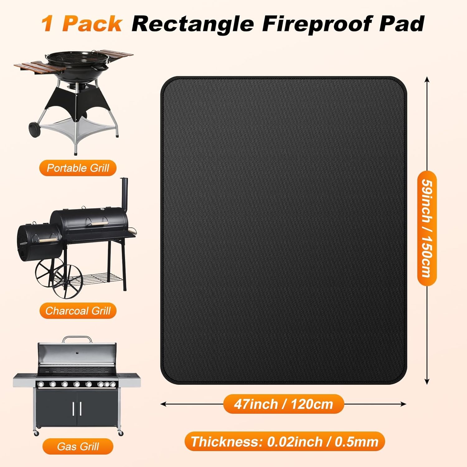 M METERXITY Under Grill Mat for Outdoor Grill, 59x47 Inch/ 150x120cm Rectangle Fireproof Fireplace Pad for Indoor Fire Pit, Oil-Proof Waterproof Decks & Patio BBQ Protector Mat