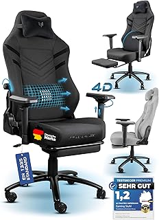 Ultimatrix FURY Gaming Stuhl Ergonomisch [TESTSIEGER] Integrierte Lordosenstütze, 4D-Armlehnen, Atmungsaktiver Stoff, Fußstütze, Gamingstuhl Kaltschaum, Gaming Chair 150kg, Schreibtischstuhl (Schwarz)