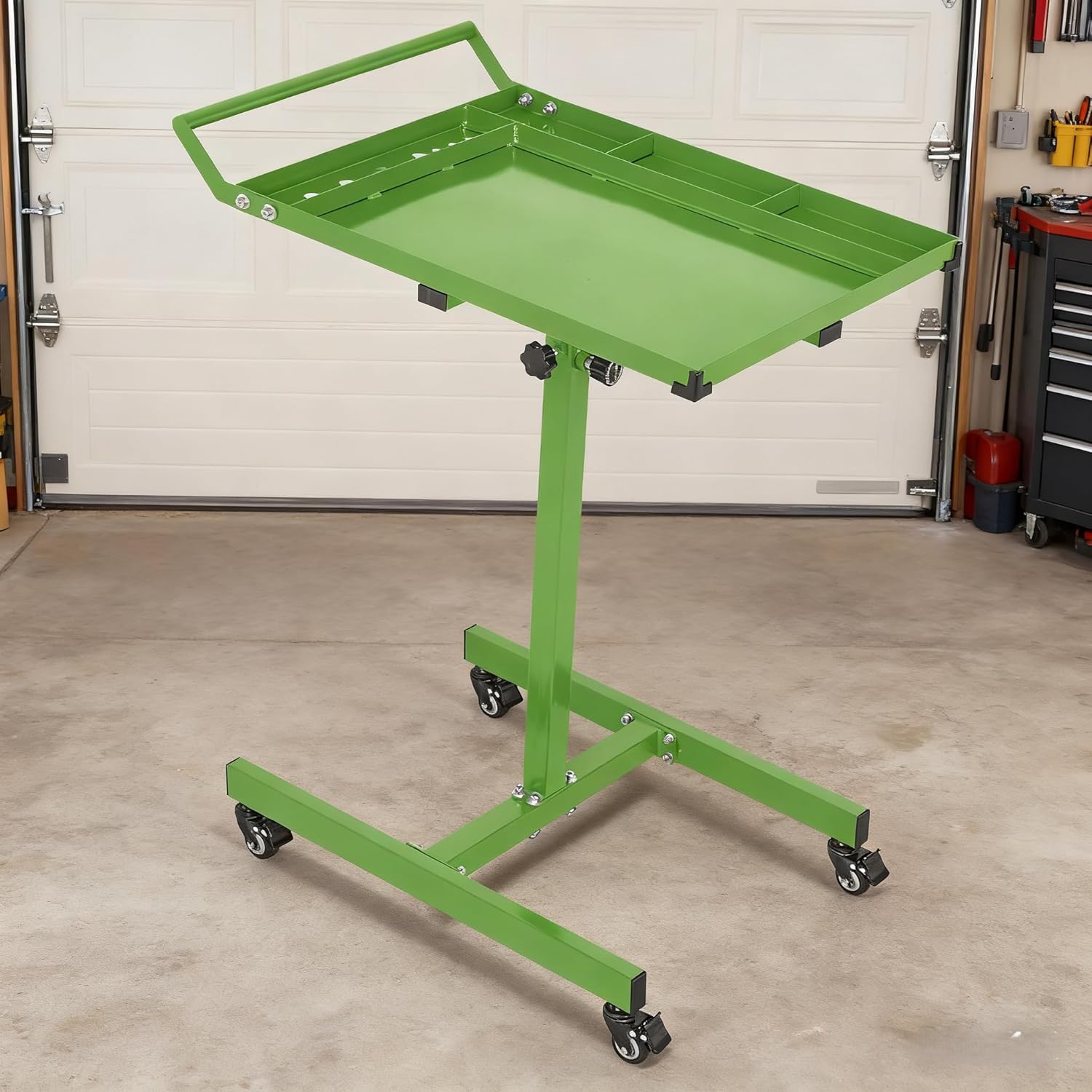 PioneerWorks Rolling Tool Tray with Wheels, Adjustable Height Mobile Work Table, 300Lbs Capacity Mechanic Workbench, Mobile Rolling Tool Table for Garage, 29×20×34In Green