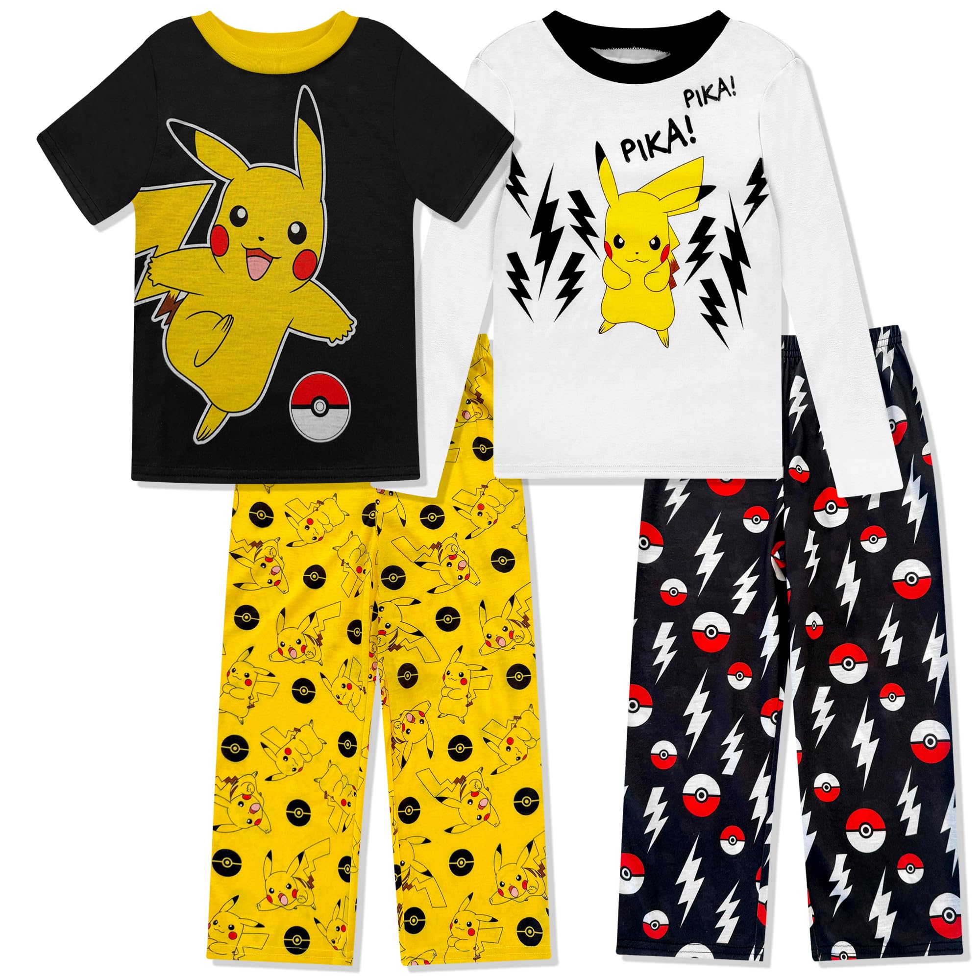 Pokemon 4 Piece Pajama Set - Boys PJ Set with Long Sleeve Shirt & Pants - Sleepwear Set - Official License