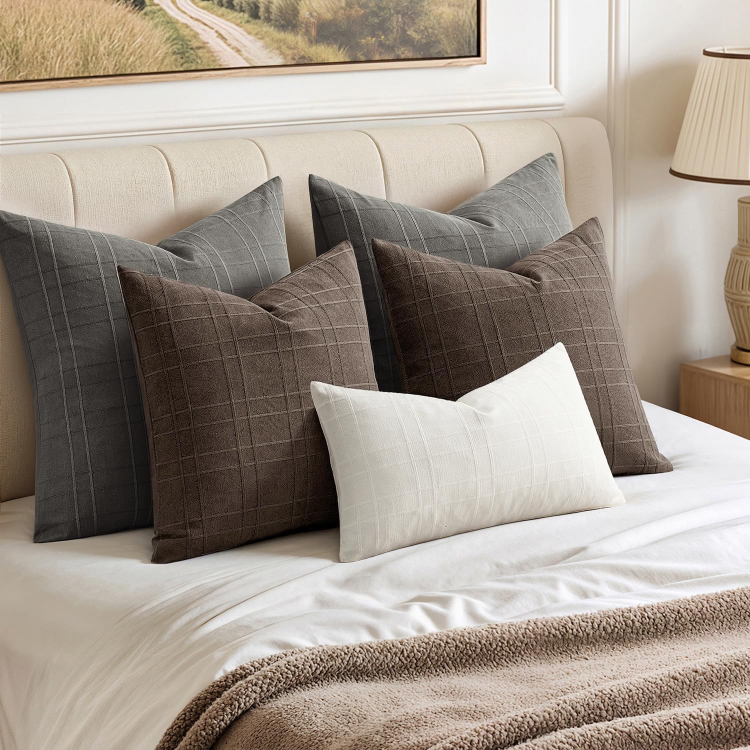 MIULEE Decorative Linen Check Lumar Throw Pillow Covers Neutral Farmhouse Vintage Pillow Covers 24x24 Inch Set of 2 Boho Modern Home Decor for Sofa Couch Bedroom Cushion Chair Charcoal Gray