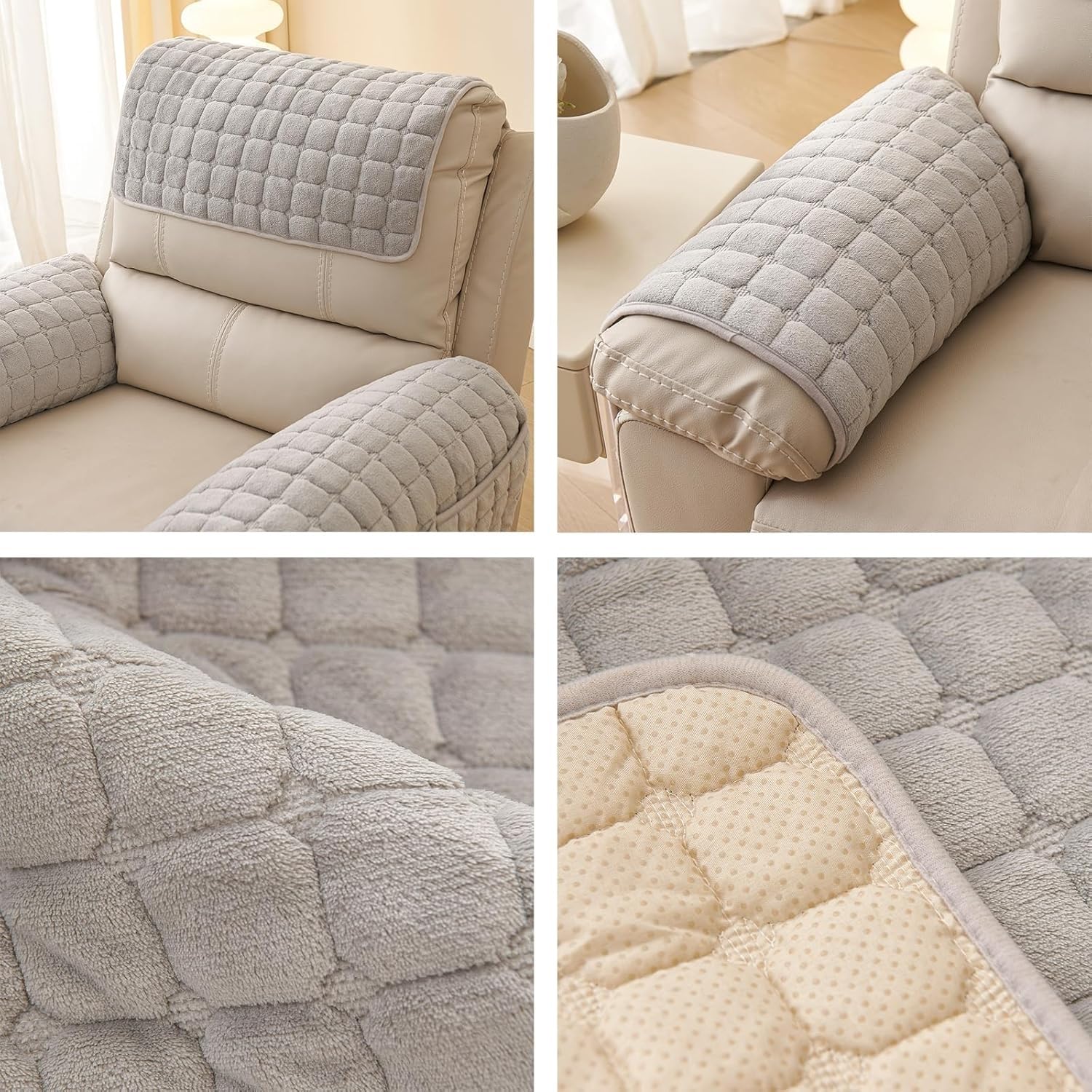 Lot de 3 Protège-Bras et Tête de Fauteuil Rembourré en Peluche Flanelle Anti-dérapant pour Canapé en Cuir et Fauteuil Relax (Beige)
