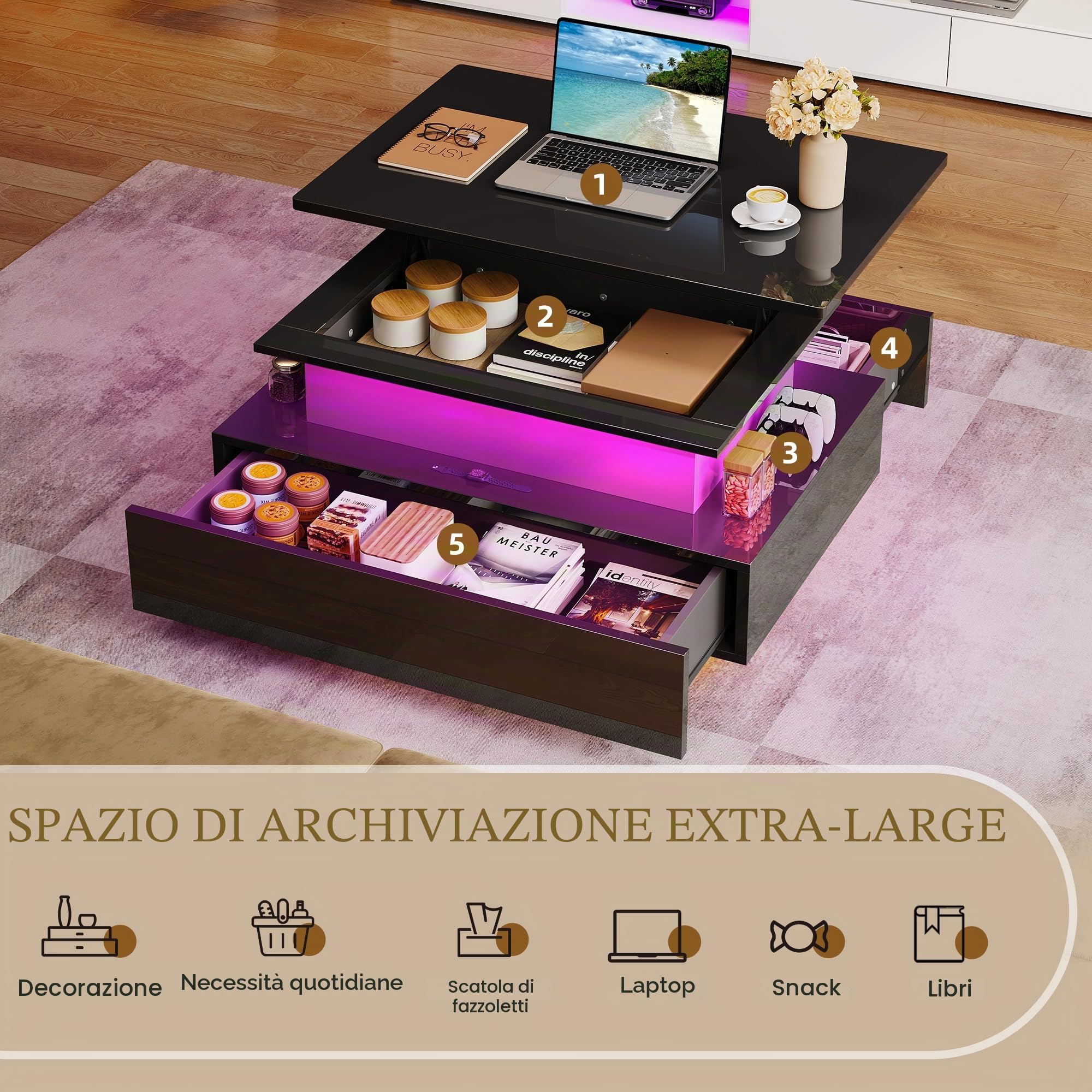 YITAHOME Tavolino da salotto regolabile in altezza, lucido, con piastra di sollevamento, tavolo da soggiorno con LED a 16 colori moderno e 2 cassetti