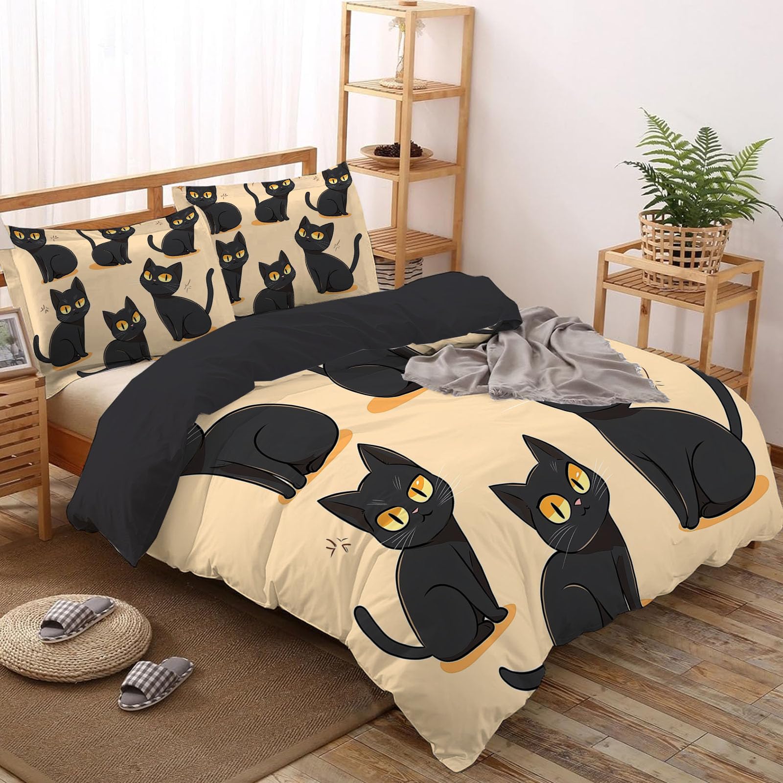 Gato Negro Sencillo Juego de Funda Nórdica 3 Piezas Cama 105 Microfibra Extra Suave Transpirable, Animales Funda Edredón 200x200cm y 2 Fundas de Almohada 50x75 cm