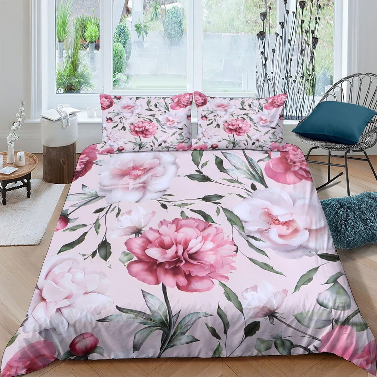 Ctjqhvkz Style-9 3D Printed Pink Peony Fitted Sheet Microfiber Soft Floral Blossom Bed Cover Non Slip For Bedroom Decor Single（135X200cm）