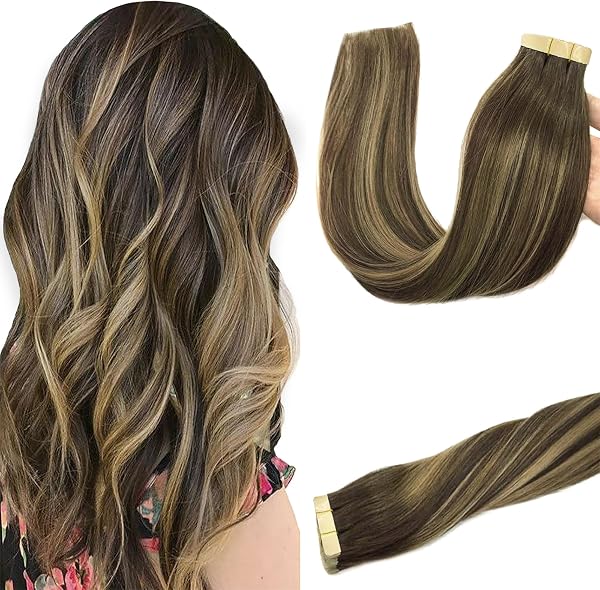 GOO GOO Tape in Hair Extensions Human Hair, 20pcs 50g 16inch, Balayage Chocolate Brown to Strawberry Blonde Real Remy Hair Extensions Seamless Straight Human Hair Extensions - 1