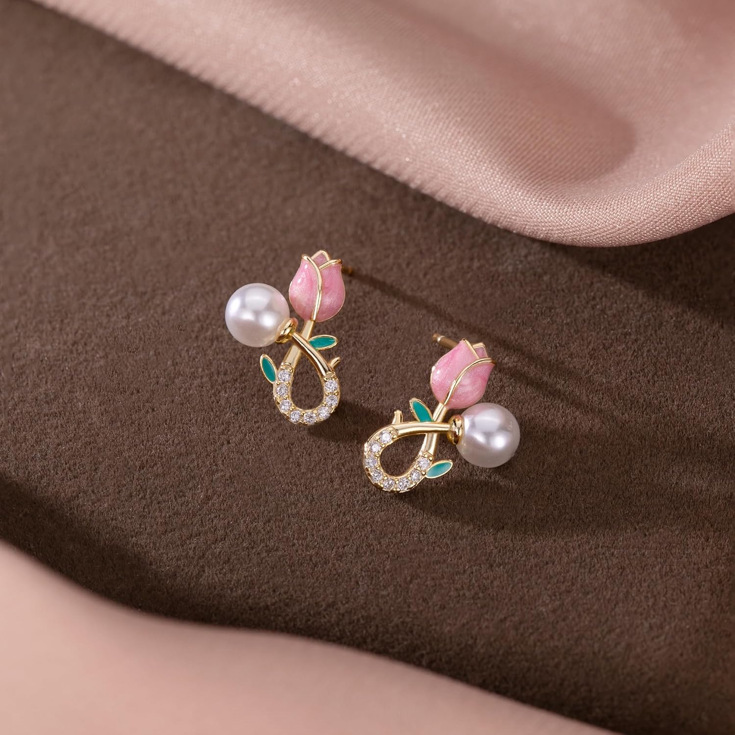 Reffeer Solid 925 Sterling Silver Pink Flower Stud Earrings for Women Teens Spring Flower Stud Earrings Pearls - Image 5