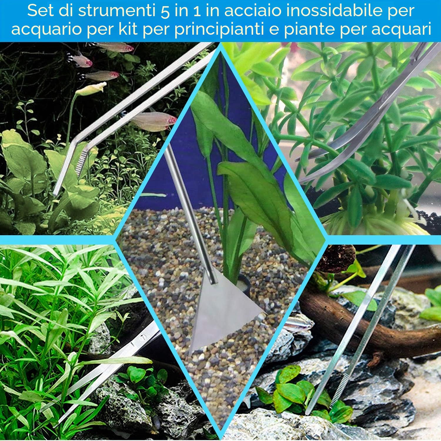 PETTOM Kit di attrezzi 5 in 1 per aquascaping, attrezzatura per paesaggistica acquatica, pinzette lunghe per acquario, forbici e spatola, set di attrezzi per acquario, kit di base per piante