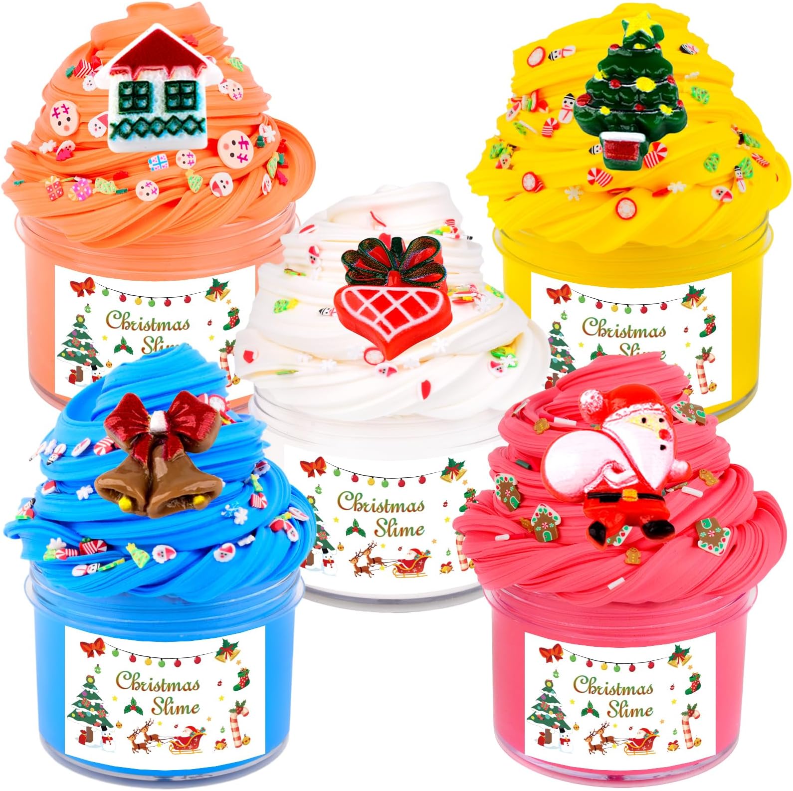 Christmas Slime Kit with 5 Pack Butter Slime, Orange,Yellow, Blue, White, Red Slime, and Charms, Party Favors Gift for Girls and Boys, Super Soft and Non-Sticky DIY Surprise Slime