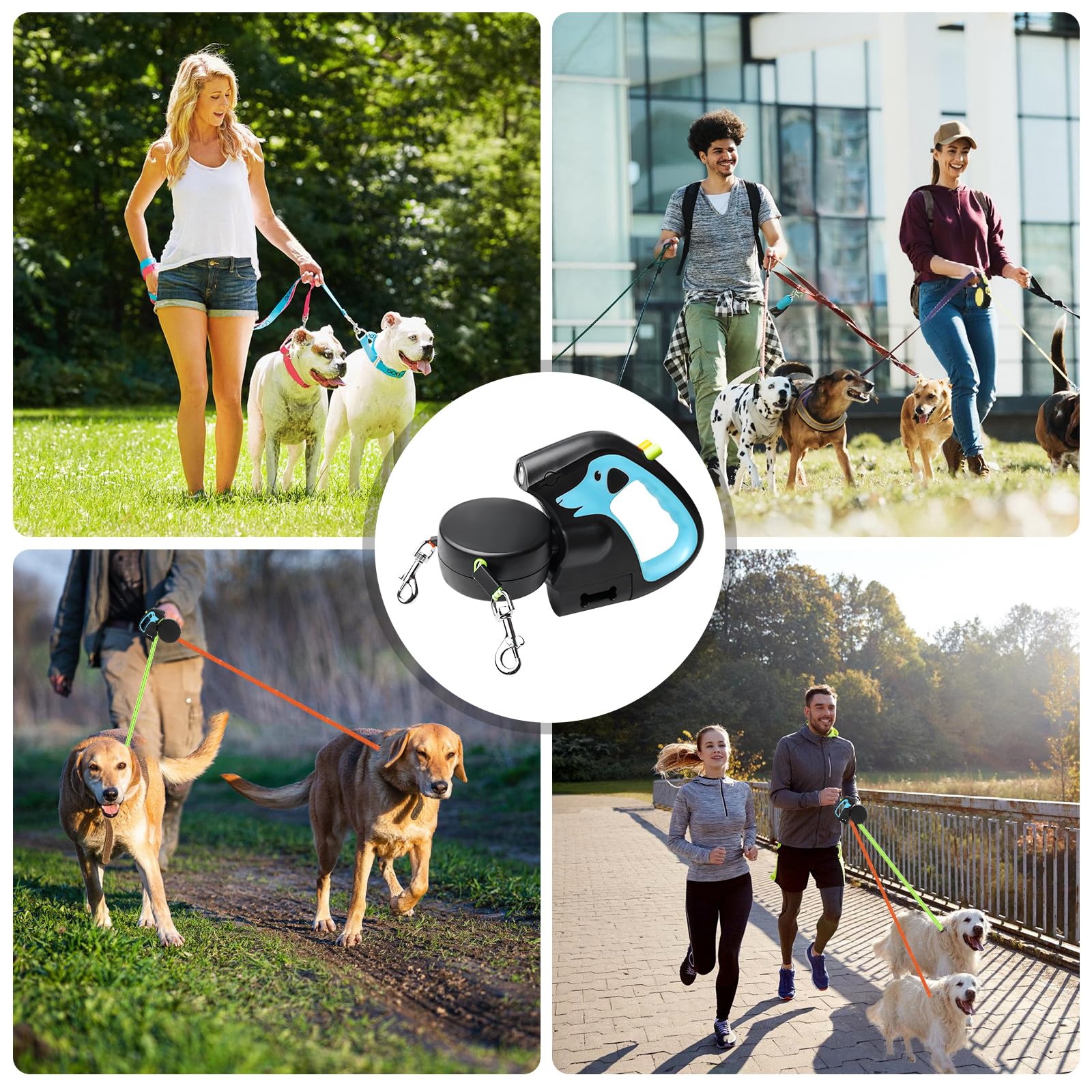 Doble correa retráctil para perros, correa enrollable con luz LED, doble correa extensible para perros de 3 m, flexible, mango antideslizante, botón de freno rápido para perros pequeños y medianos