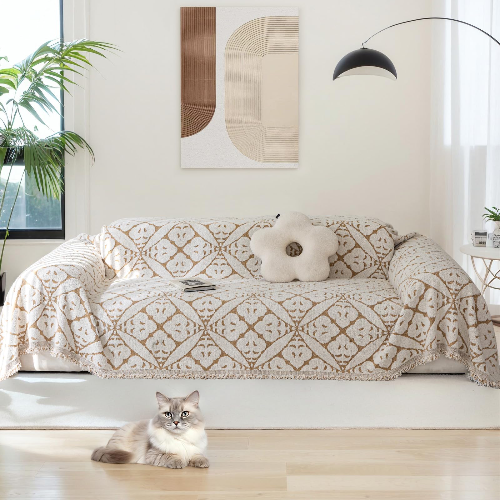 jianyana Sofa Covers Soft Durable Reversible Chenille Sofa Slipcover Couch Covers Modern Universal Furniture Protector for 1 2 3 4 Seater Sofa Loveseat Corner Futon Sofas,Cappuccino-khaki,180 x 340cm