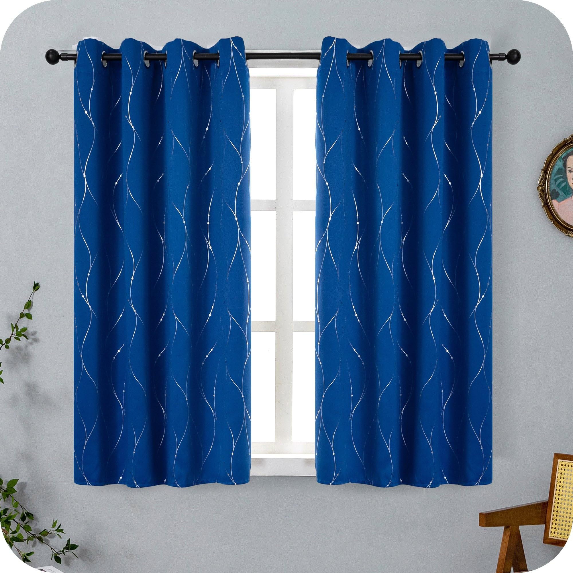 Par de cortinas opacas térmicas suaves con diseño entrelazado plateado - Cortina aislante para salón, dormitorio e interior - 2 paneles con ojales (140 x 145 cm, azul eléctrico)