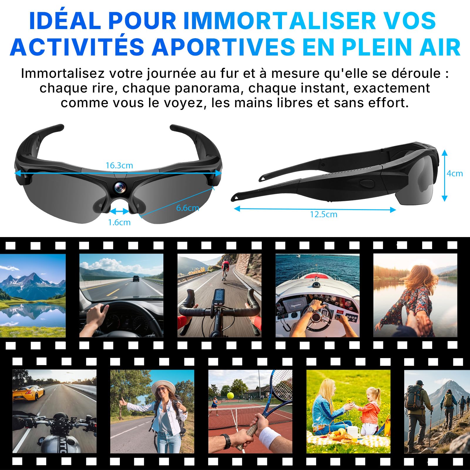 Lunettes de Soleil avec caméra d'action Wi-FI, Mini Caméra Cachée | Caméra d'action WiFi, Caméra Sportive, 120°, Caméra Cachée dans des Lunettes, Prise de Photos/Vidéos, Vélo/la Randonnée