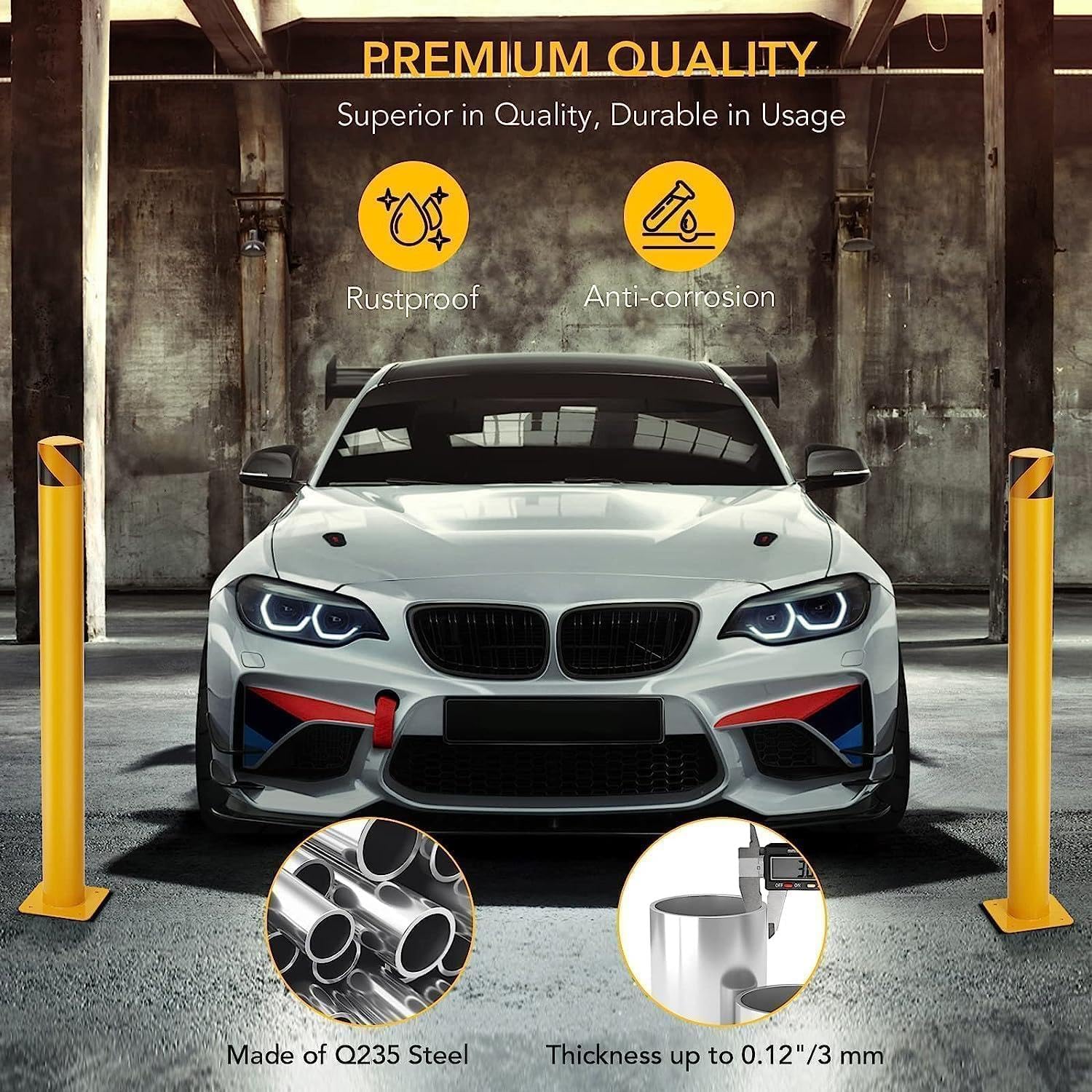 Garvee Poste Delimitador De Seguridad De Metal, Bolardo De Aparcamiento Con Base Perforada, Para Control De Acceso y Señalización, Acabado Amarillo Con Banda Negra, 11,4 x 91,4 cm, Pack De 6