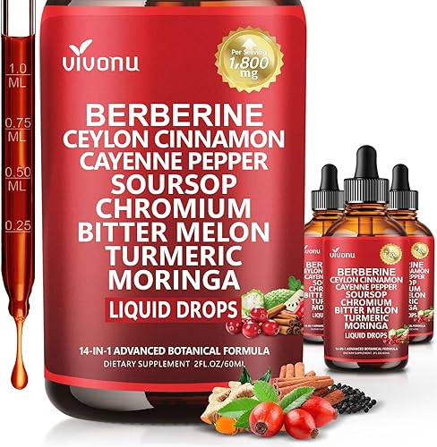 Berberina 14 en 1 con suplemento de canela de Ceilán, gotas líquidas, 1800 mg + tecnología liposomal 301 con pimienta de cayena, guanábana, cromo,