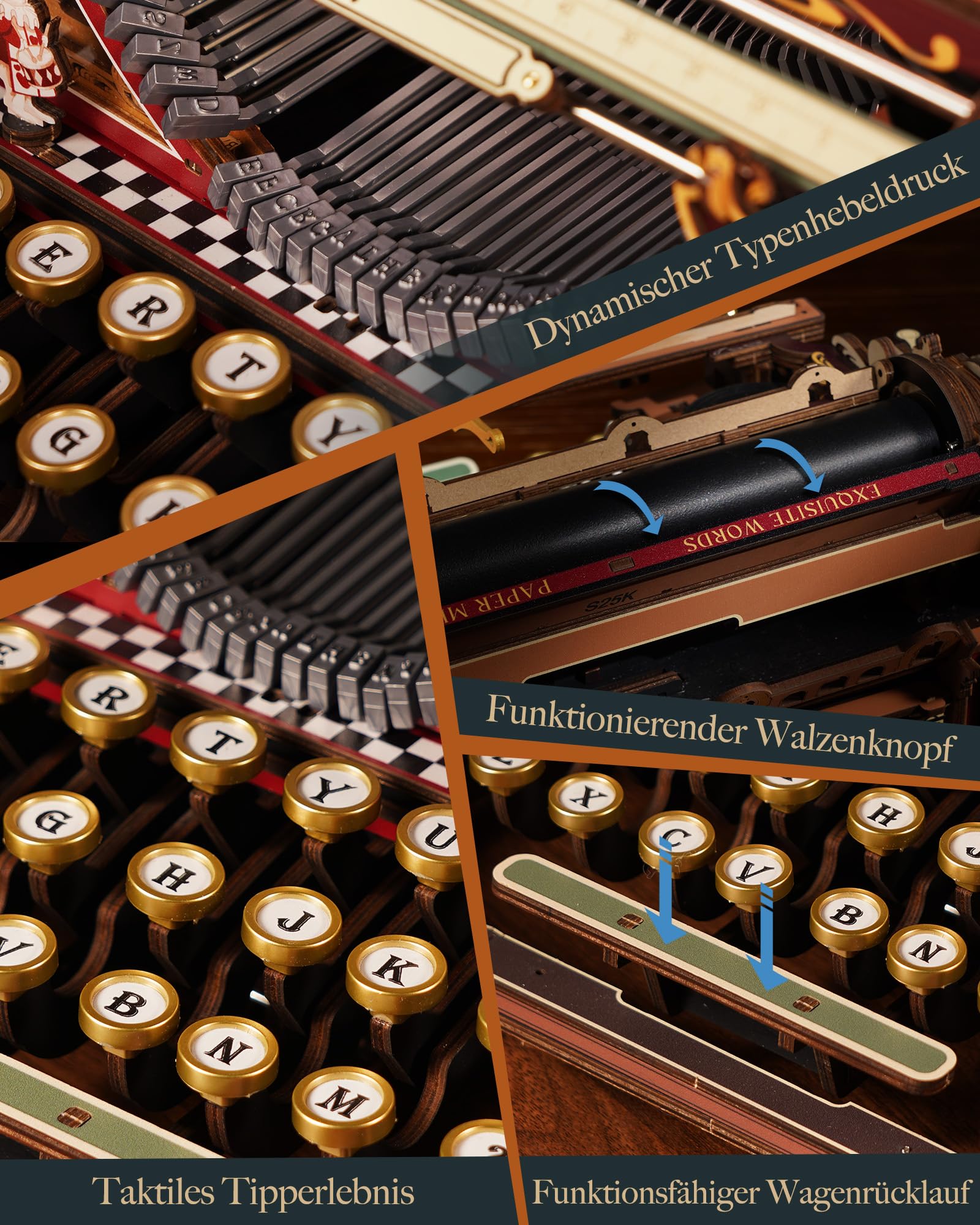ROKR 3D Puzzle Holz Mechanische Schreibmaschine, 3D Holzpuzzle Erwachsene Holzmodelle Bausätze, Mechanical Typewriter (Magische Version), LK703C