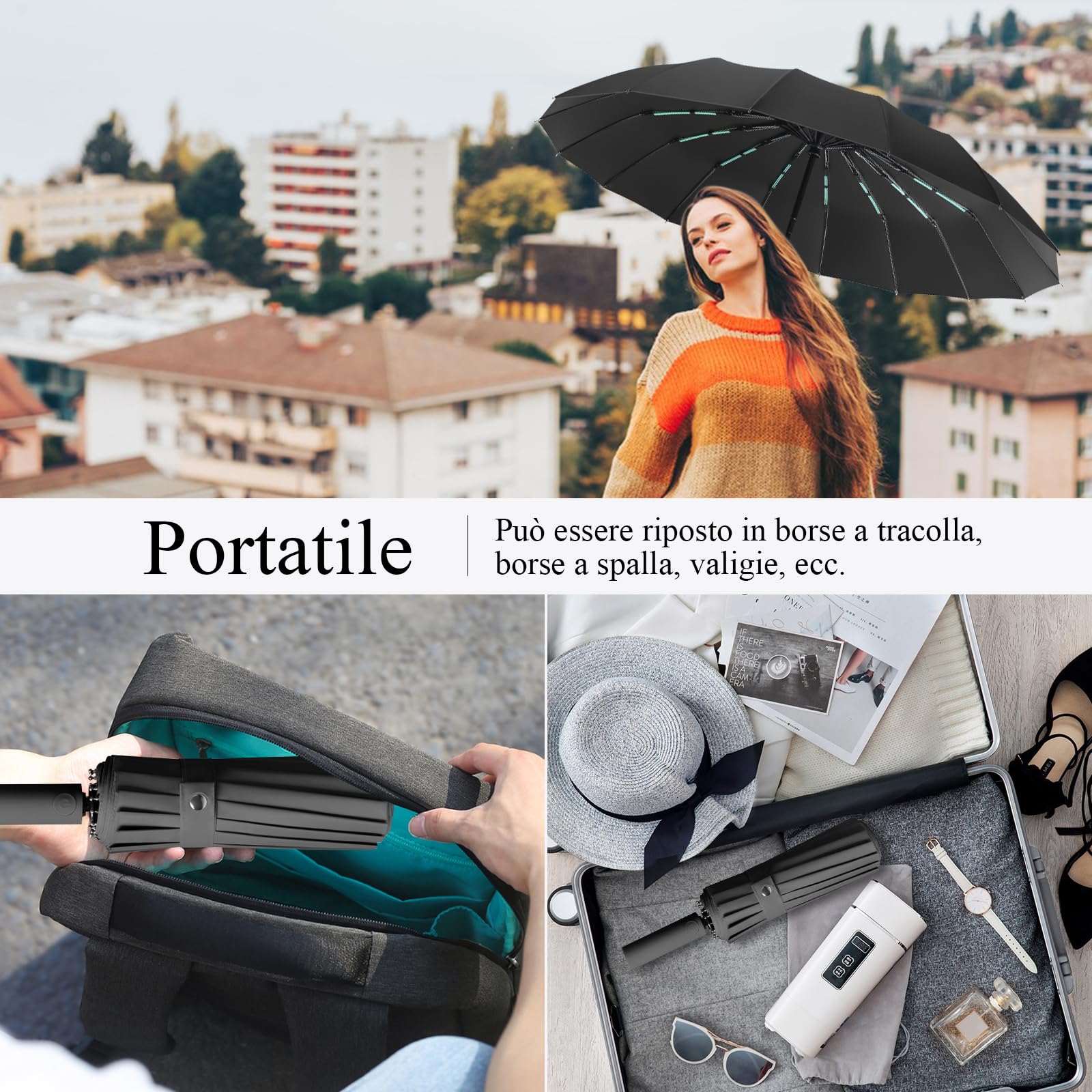 LENDOO Ombrello compatto pieghevole a 16 costole, grande ombrello tascabile con apertura automatica, antivento anti UV