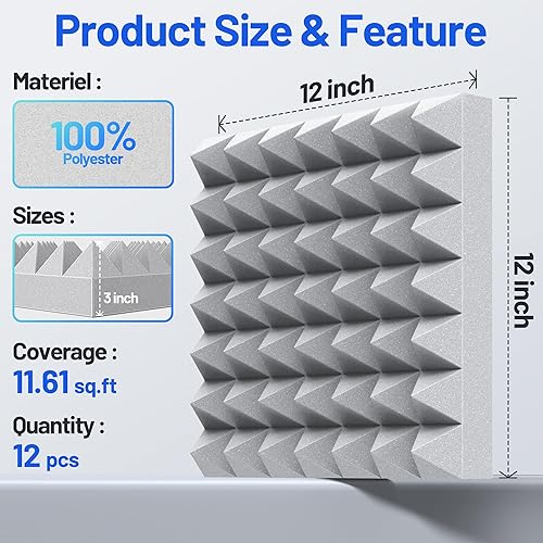Miniatura 6 de Paquete de 12 paneles de espuma piramidales a prueba de sonido para paredes con paneles acústicos de alta densidad autoadhesivos actualizados de 3 x