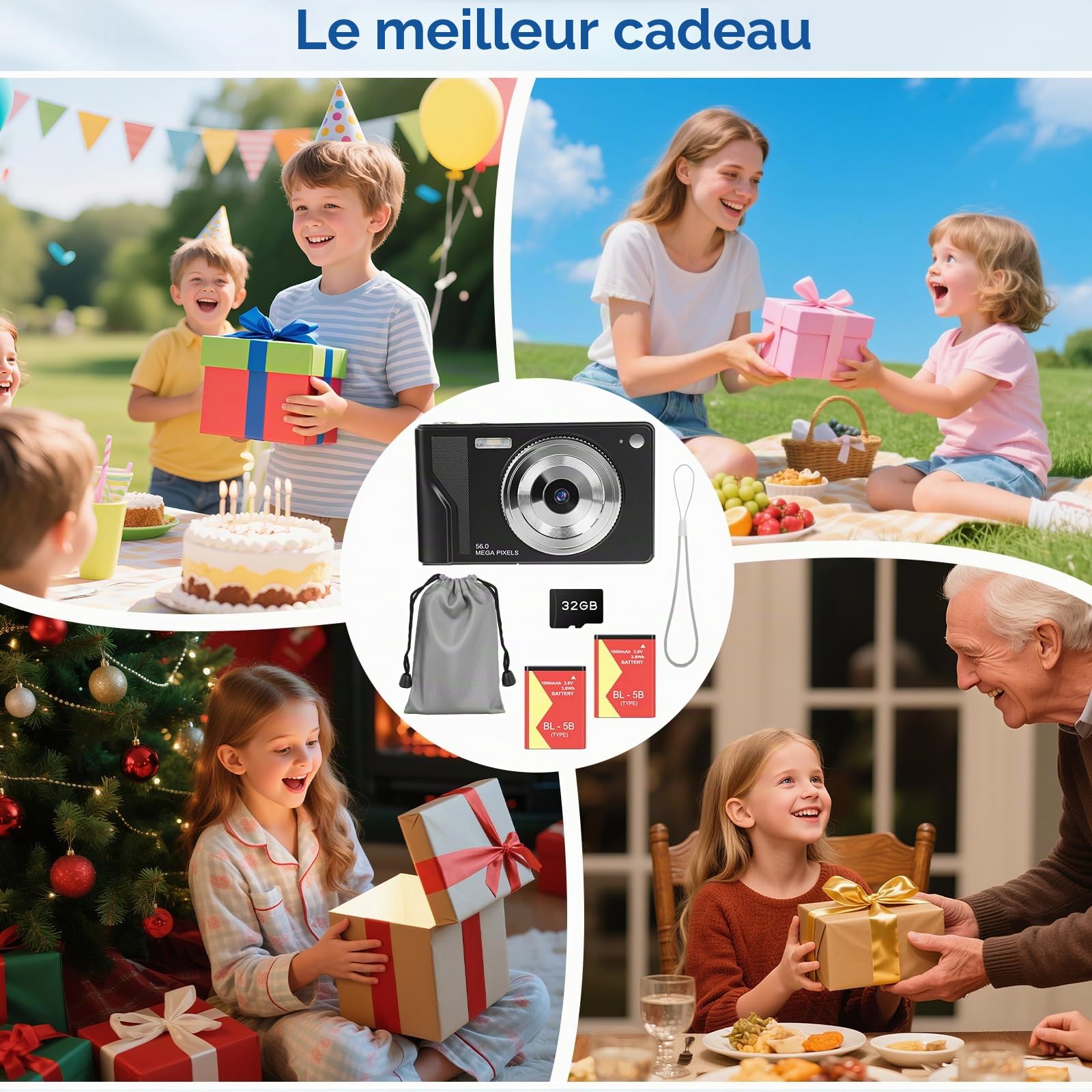 Appareil Photo Numérique 56MP 1080P FHD avec Autofocus, Zoom Numérique 16X, Écran LCD 2,8", Carte SD 32GB & 2 Batteries - Compact et Léger Idéal pour Enfants, Débutants et Voyages (Noir-1)