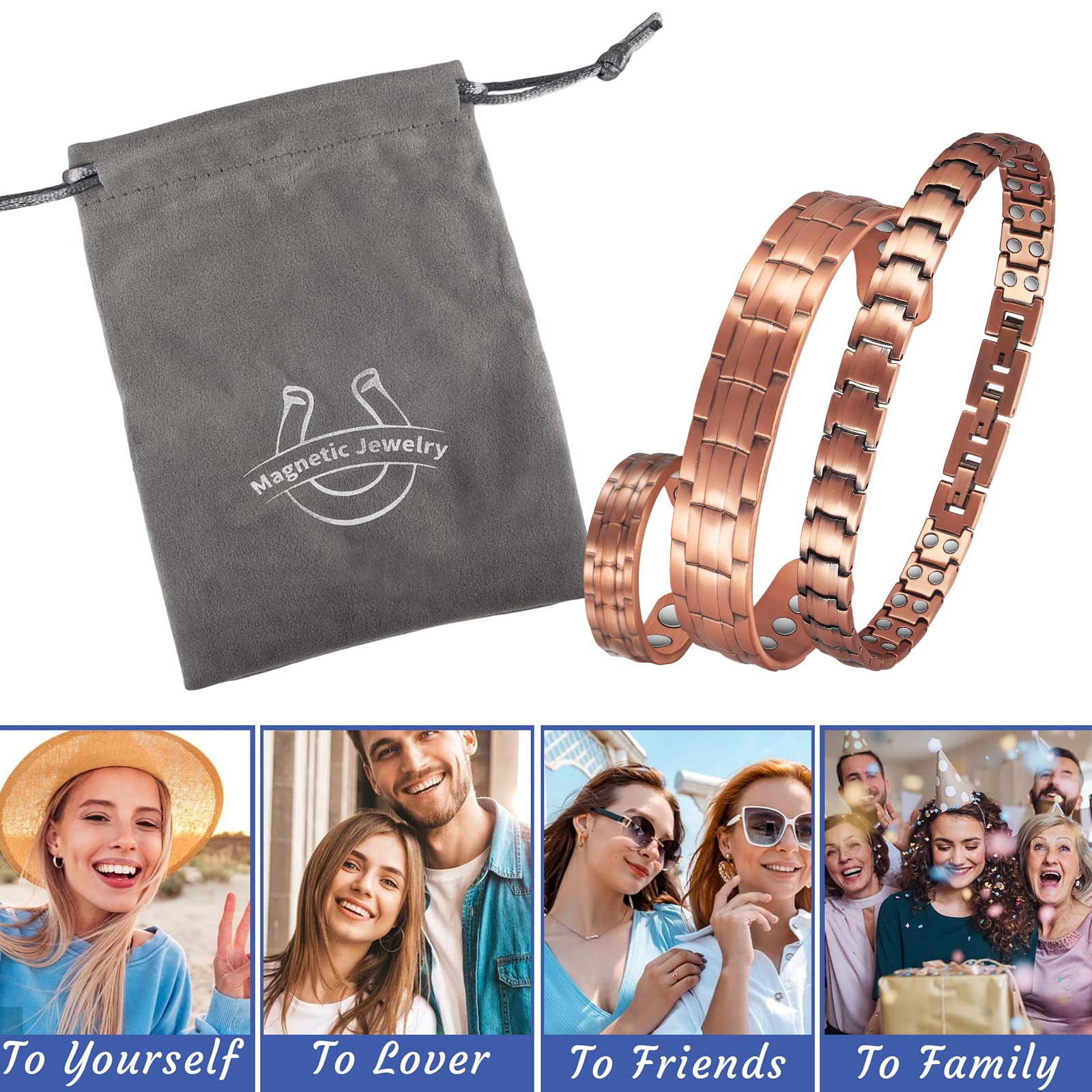 EnerCoppeX Set aus magnetischem reinem Kupferschmuck, Fußkettchen + Armband + Ring, Tragemagnet, inklusive Geschenkbeutel für Geschenke, 17 cm, Kupfer