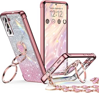 XYZ for Samsung Galaxy S22 Plus Case with Stand, Galaxy S22 Plus Case with Double Ring, Women Girls Bling Luxury Glitter Clear Phone Case Cover Heart for Samsung Galaxy S22 Plus, Rose Gold