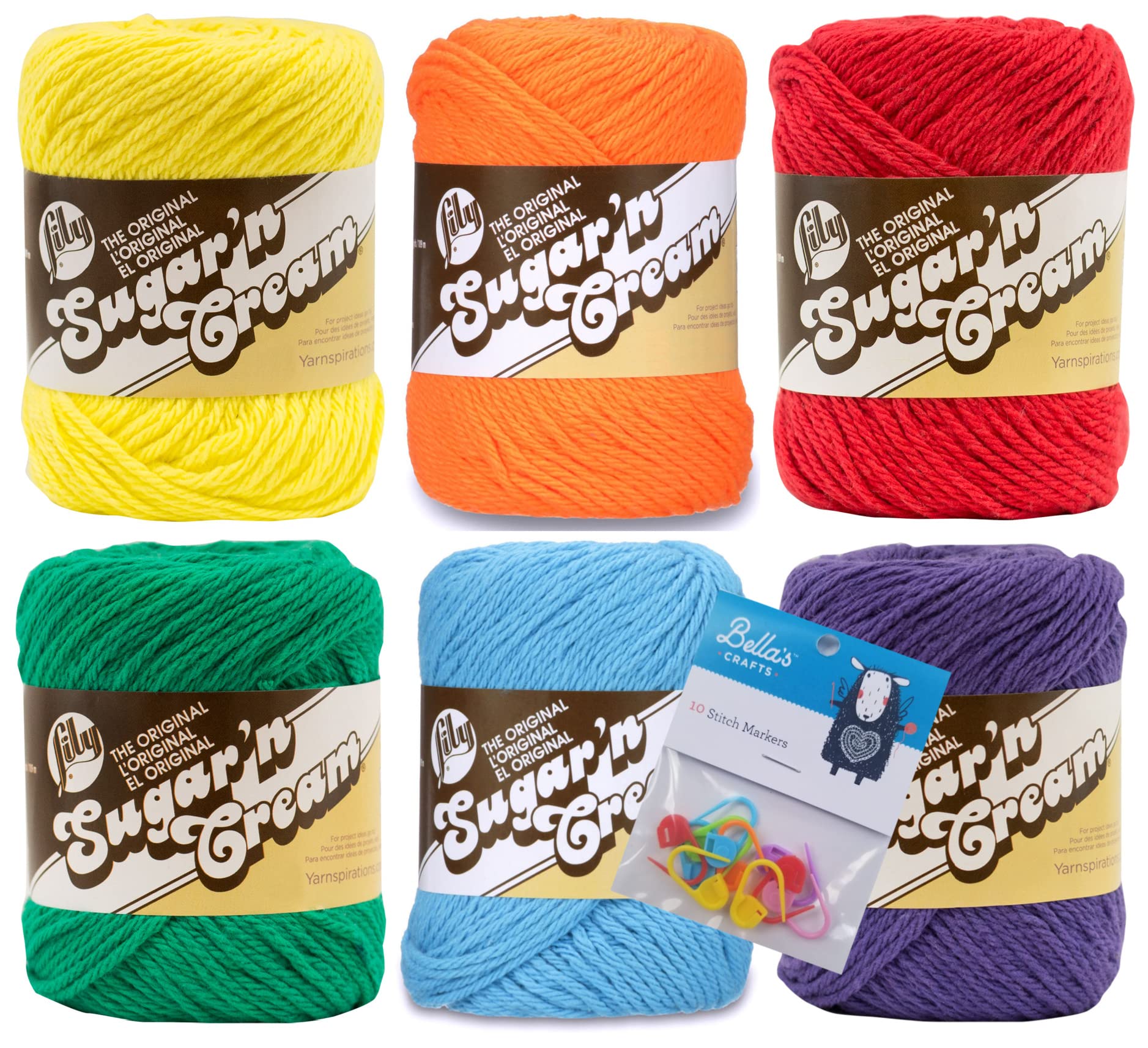 Bella's CraftsLily Sugar'n Cream 100% Cotton Yarn 6-Pack Bundle with Stitch Markers (Rainbow)