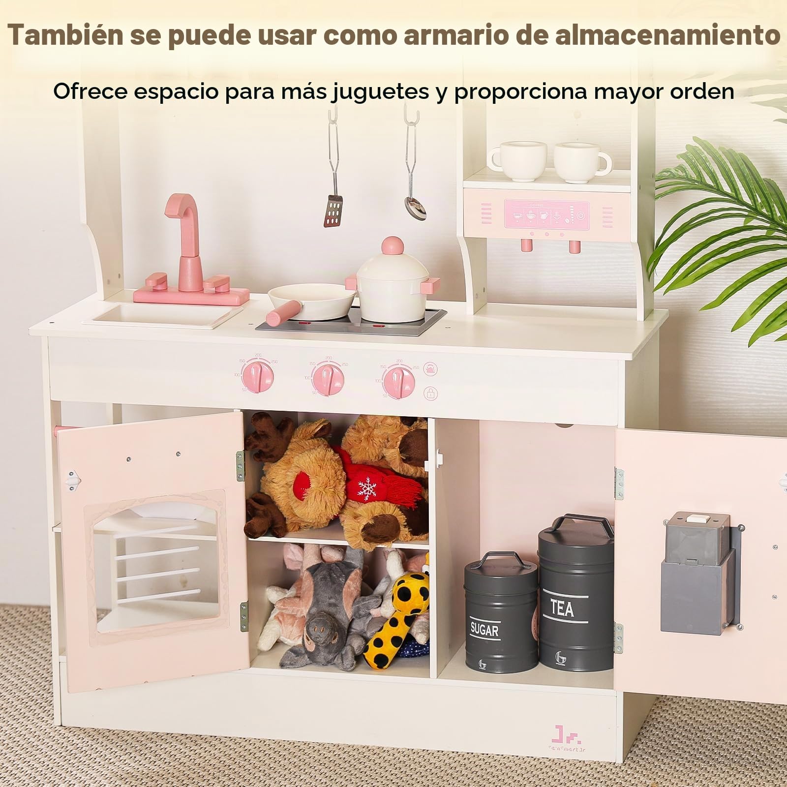 SainSmart Jr. Cocinita de madera para niños, color rosa – con luz y sonido, dispensador de hielo, microondas, horno y fregadero, gran cocina infantil con accesorios, juego de roles a partir de 3 años