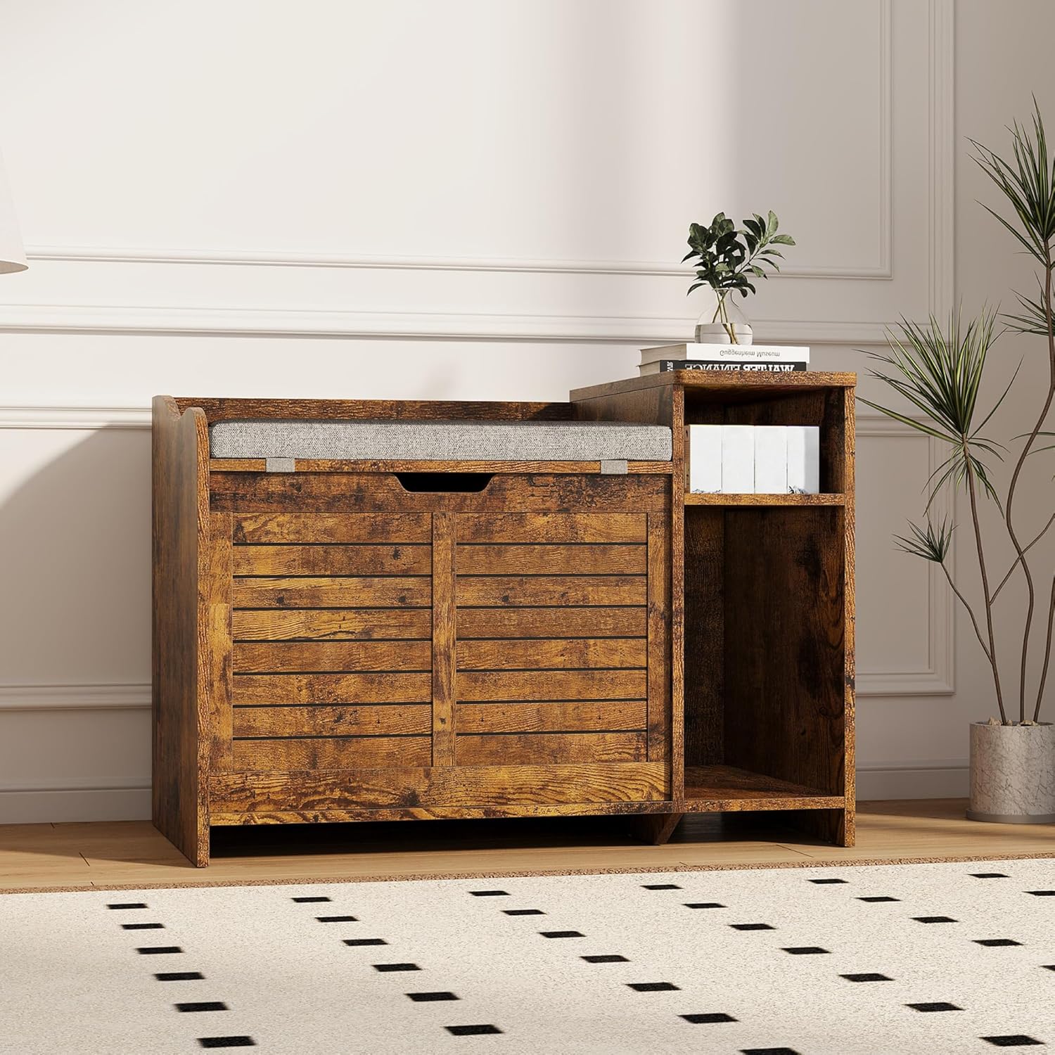 Litter Box Enclosure Cabinet with Cushion Top, 33.8 Inch Furniture Grade Cover with Dual Access & Privacy Door, Retro Brown