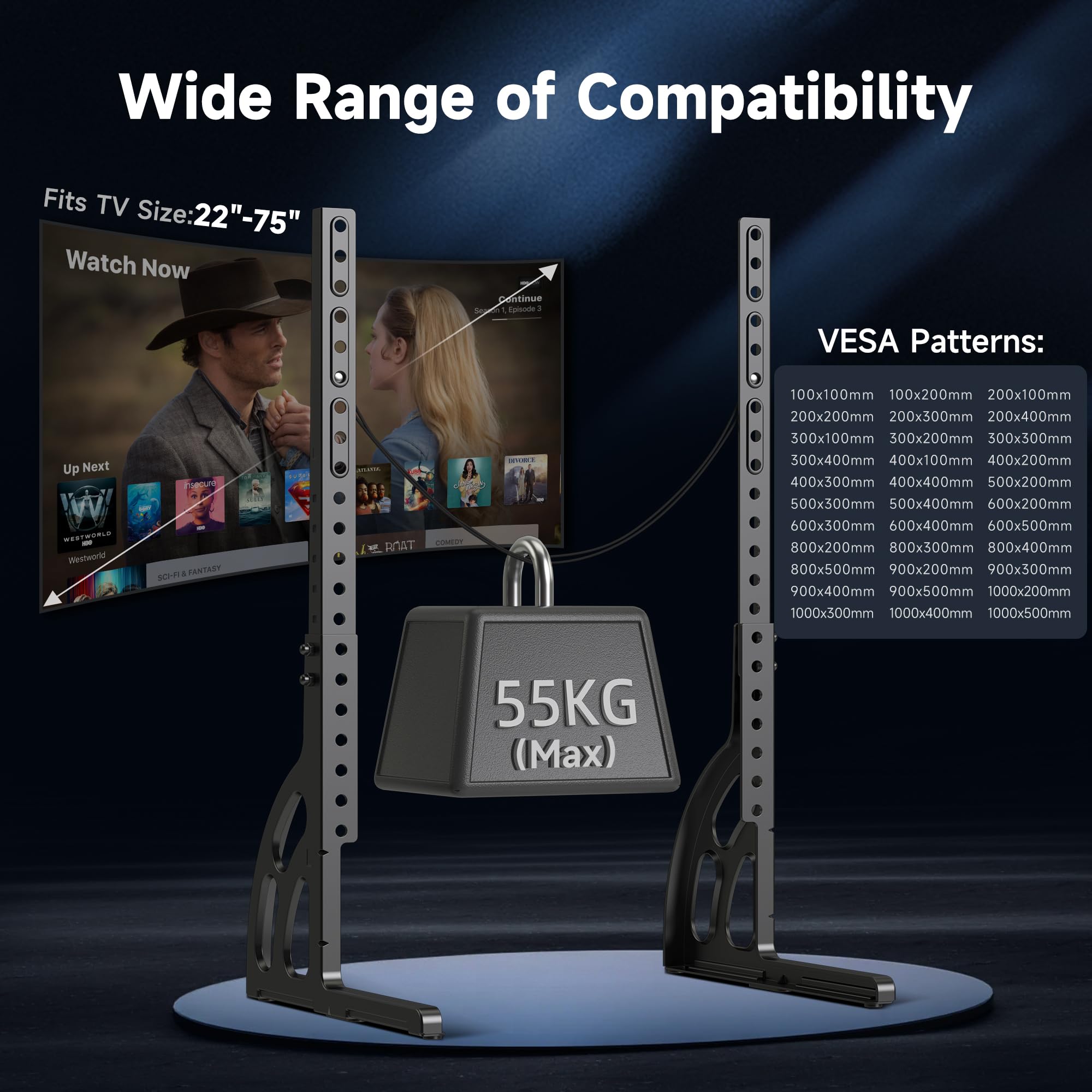 XINLEI Supporto TV universale per TV da 22 a 85 pollici, base in metallo anti-oscillazione, piedini di ricambio robusti e regolabili, VESA max. 1000 x 500 mm, capacità di carico di 55 kg ML1760E